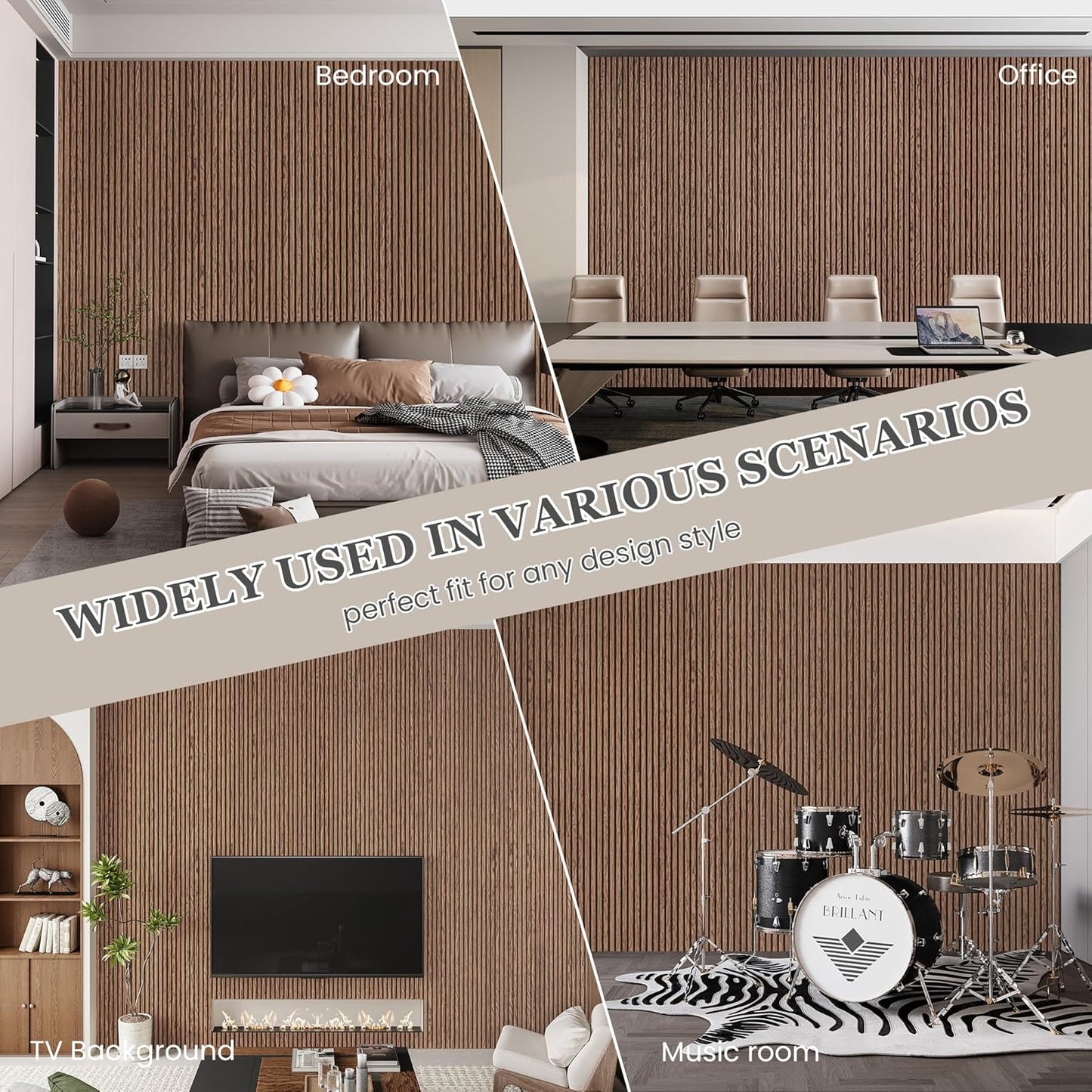 Wood Salt Acoustic Wall Panels, 4 Piece 94" x 12.6" x 0.8" Soundproof Wooden Wall Panels, 3D Fluted Sound Absorbing Panel, Red Oak