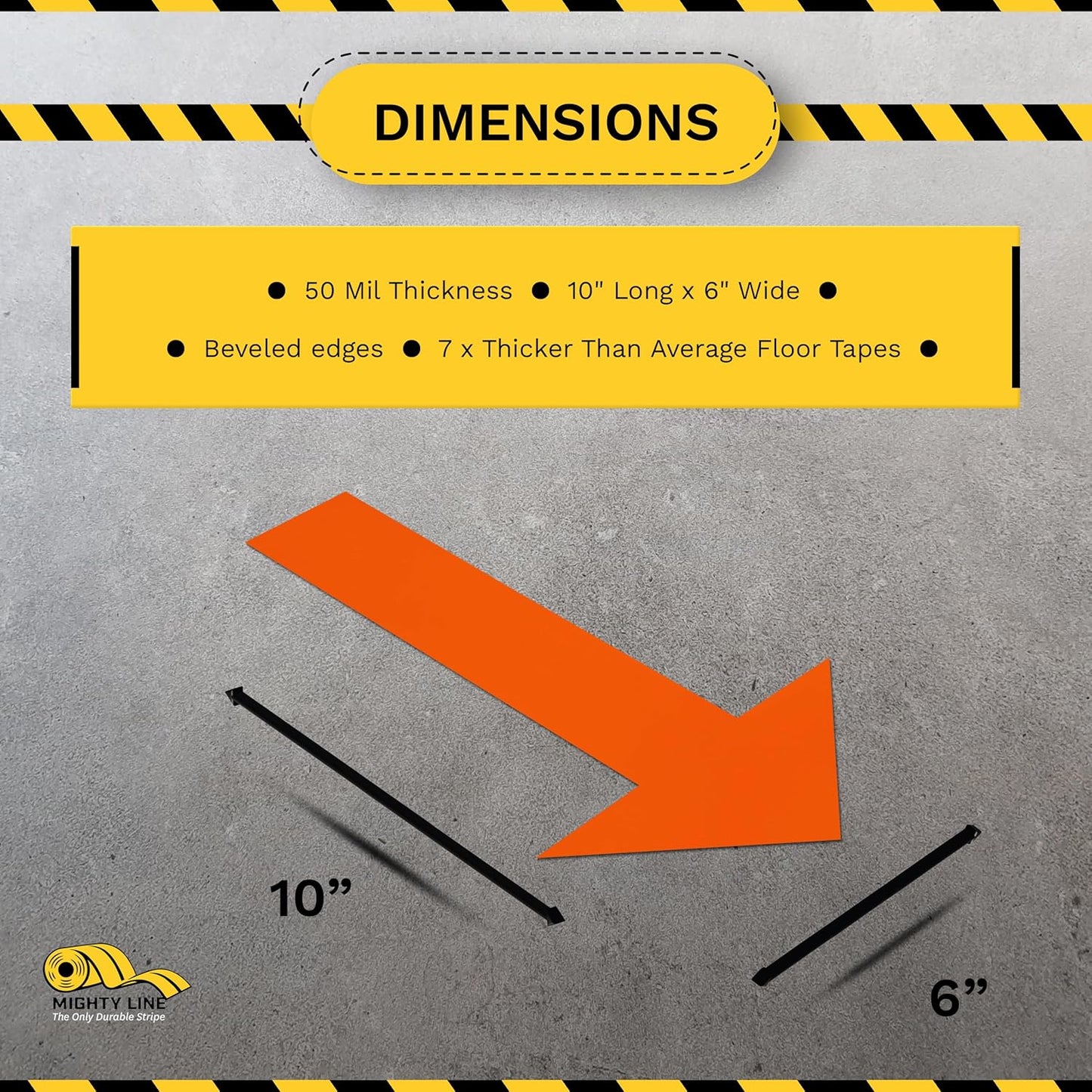 Mighty Line Solid Arrows Directional Sticker Sign Floor Marking Tape for Safety, Caution, Warning, Heavy-Duty, Peel and Stick, Adhesive, Industrial Quality, Orange, 10" by 6", Pack of 50