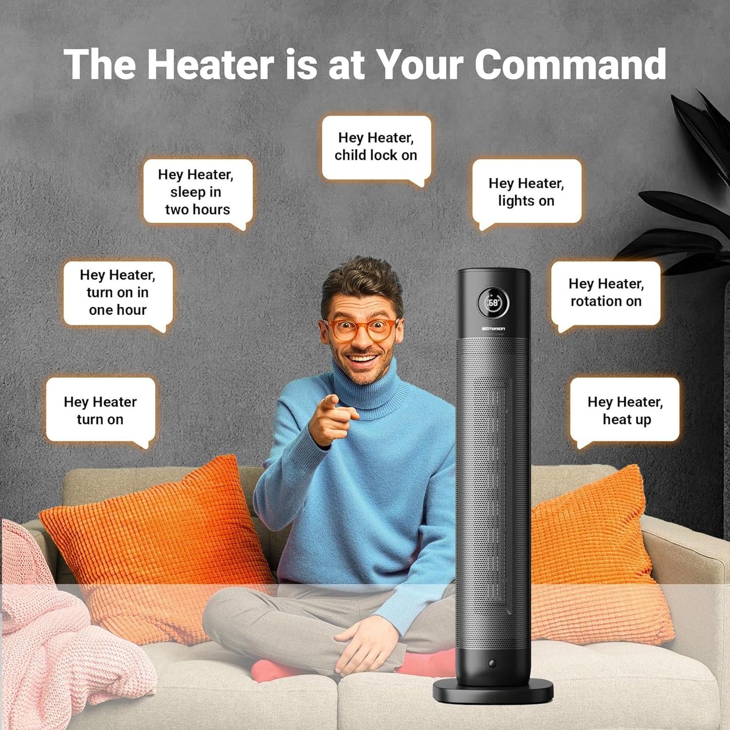 Emerson SmartVoice 32" Tower - Space Heater, Offline 40+ Voice Control Commands, No APP, No WIFI, No Setup, 1500W Heating, 65° oscillation, 9-Hr Sleep Timer, w/Remote Control