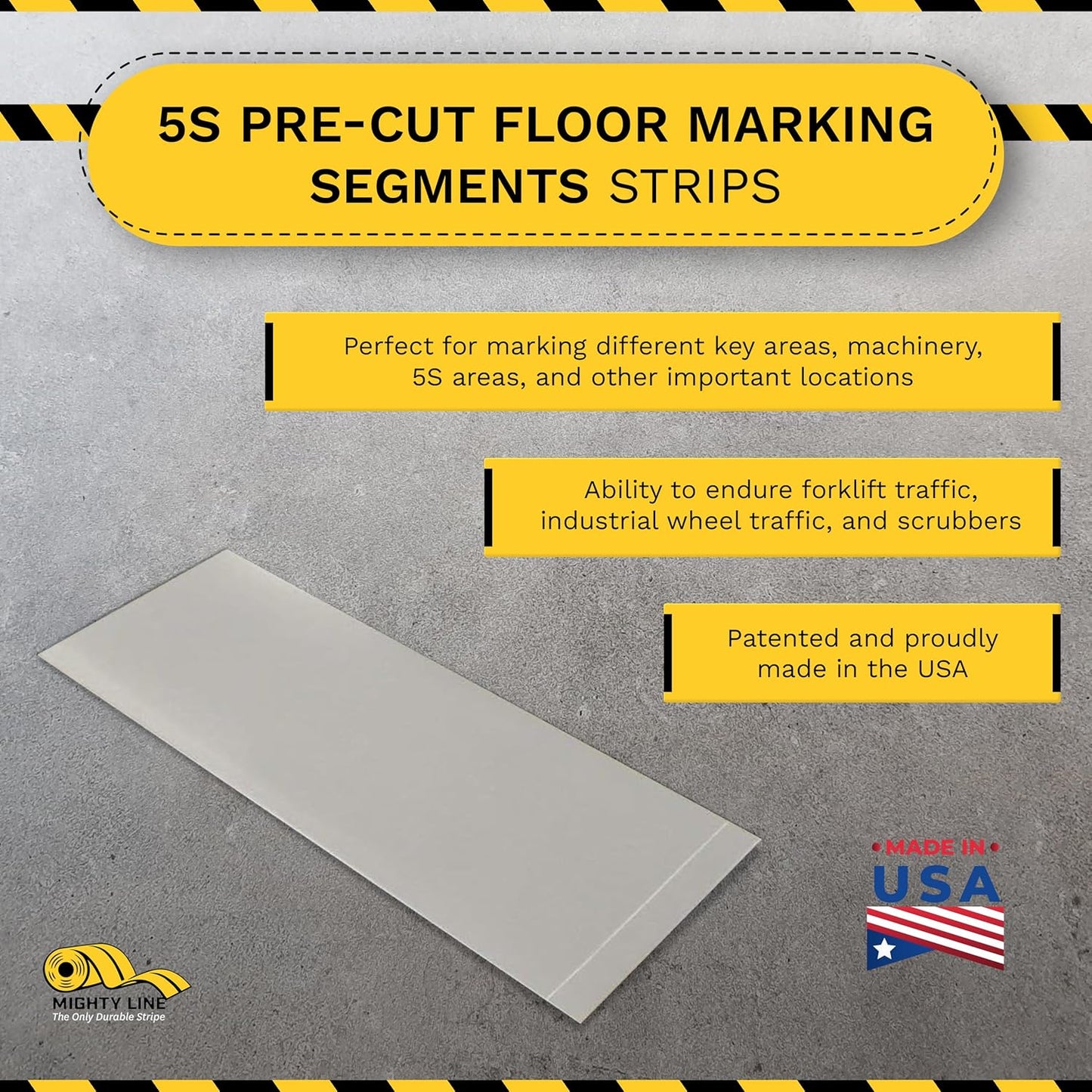 Mighty Line Floor Marking Tape Strips for Safety, Caution, Warning, Heavy-Duty, Peel and Stick, Adhesive, Industrial Quality, Grey, 6" by 10"