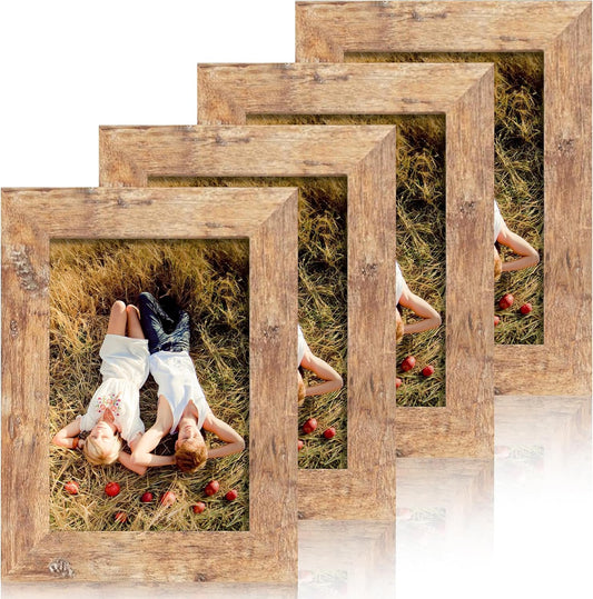 iRahmen 4x6 Picture Frame Set of 4, High Definition Real Glass Rustic Brown Frame, 4 x 6 Wood Photo Frames for Tabletop Display and Wall Mounting