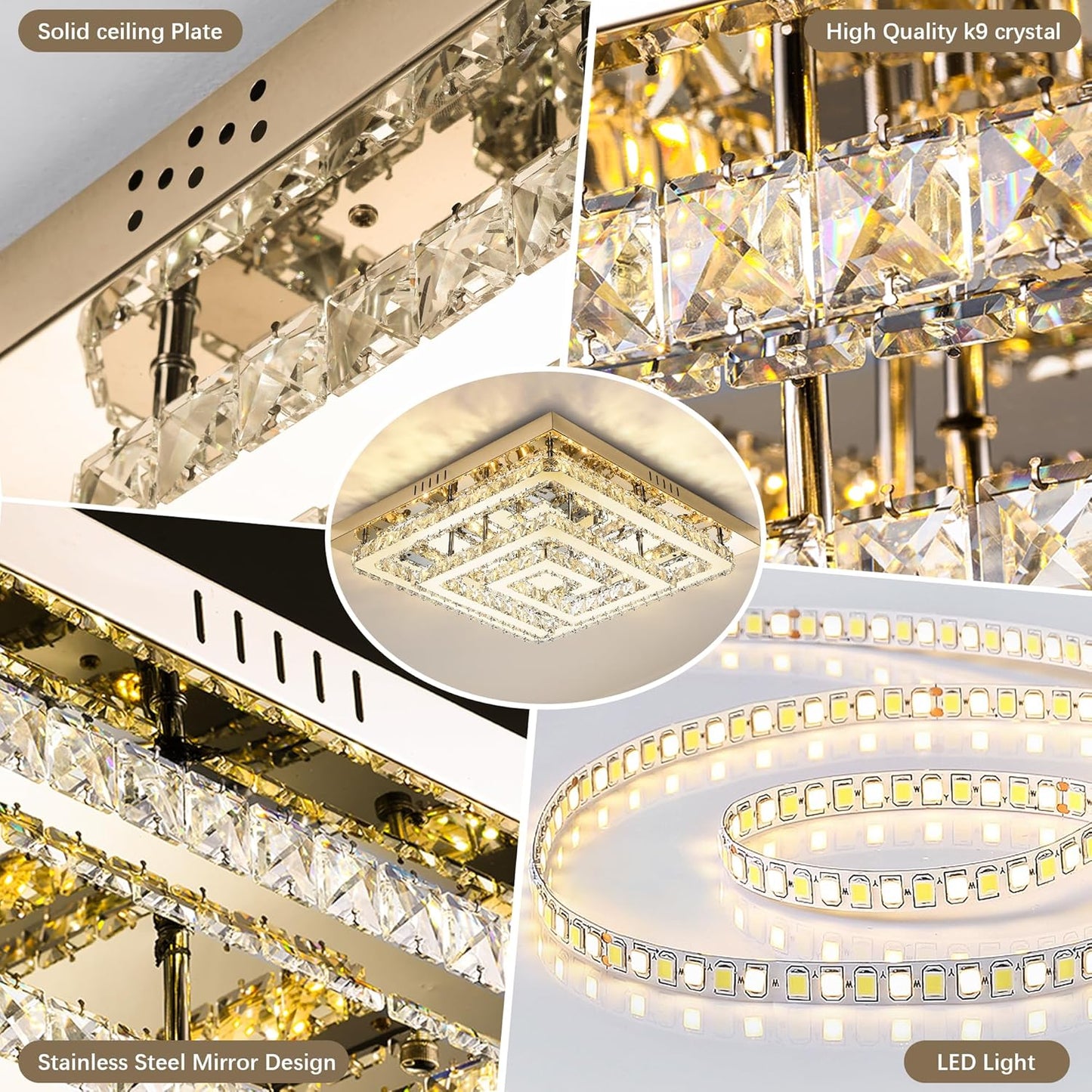 34" Modern Gold Crystal Chandelier with Remote/App Control, Dimmable Flush Mount Ceiling Light Fixture,3-Color Temperature, Led Ceiling Lamp for LivingRoom Bedroom Kitchen DiningRoom Entryway