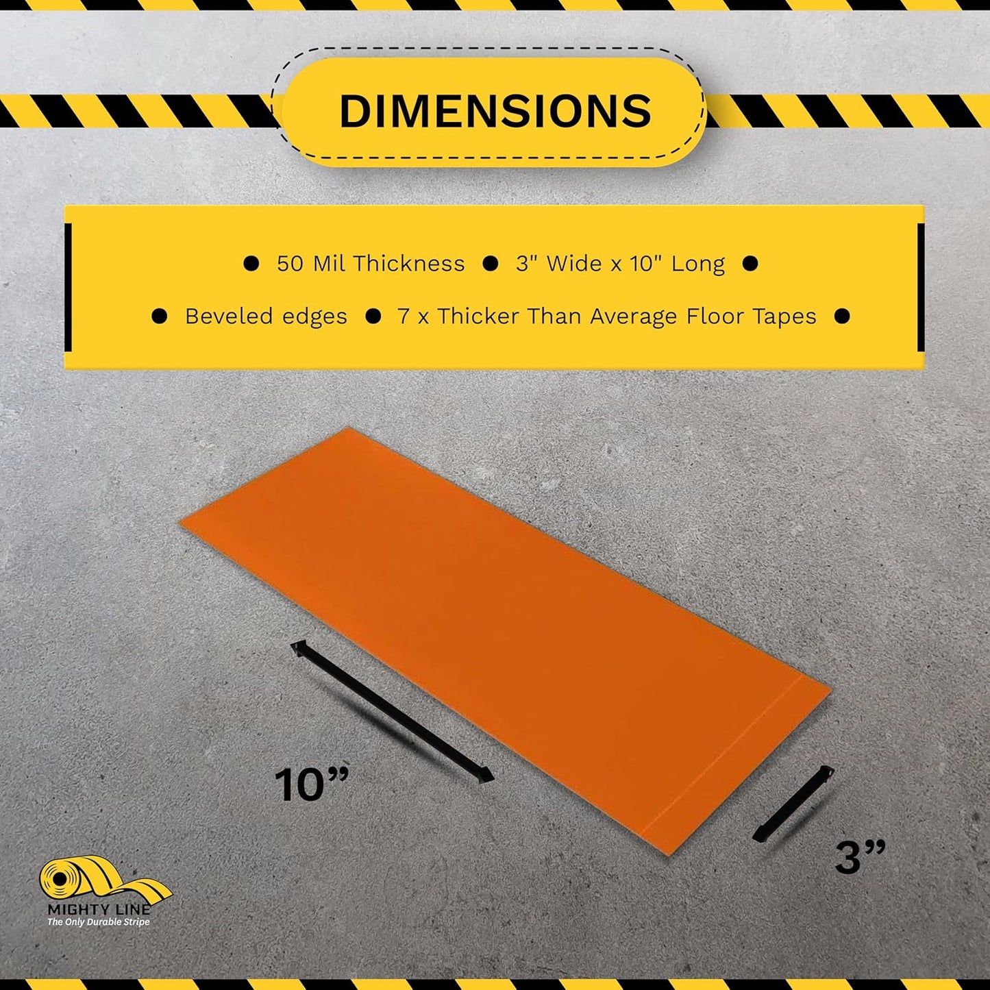 Mighty Line Floor Marking Tape Strips for Safety, Caution, Warning, Heavy-Duty, Peel and Stick, Adhesive, Industrial Quality, Orange, 3" by 10"