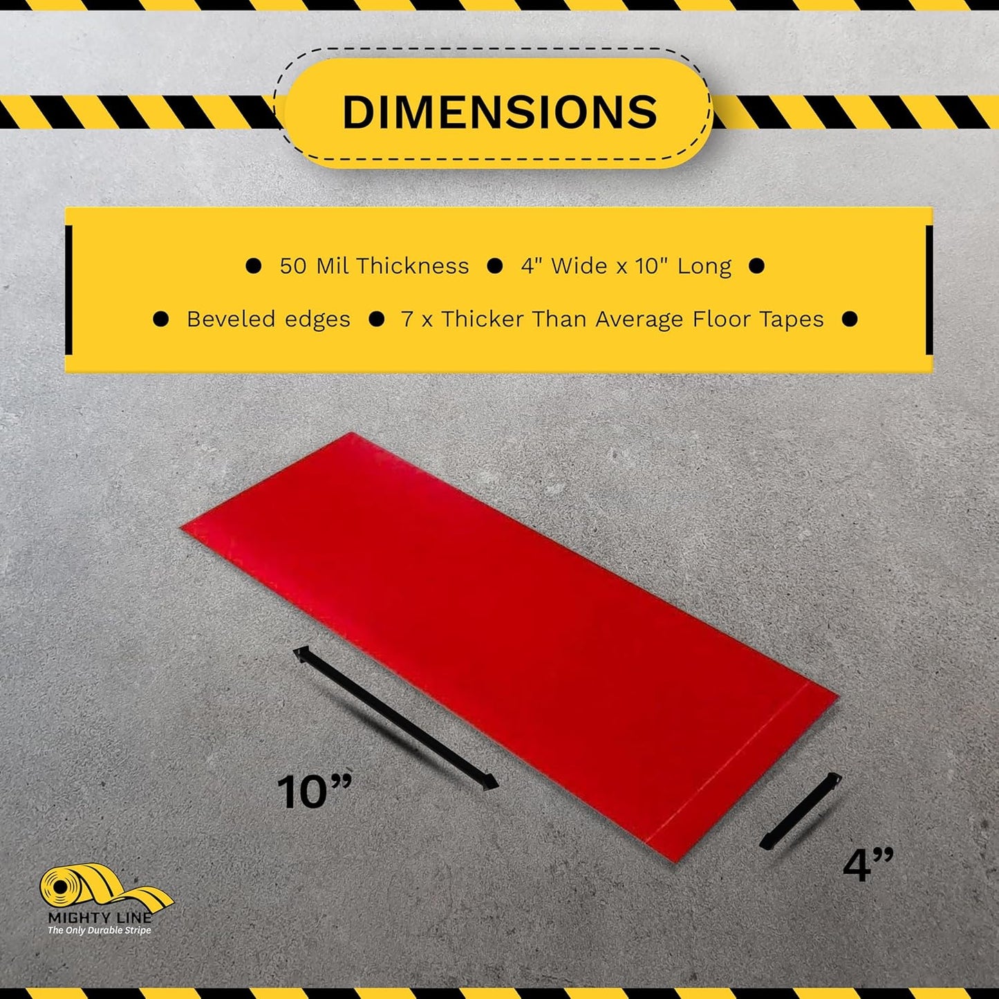 Mighty Line Floor Marking Tape Strips for Safety, Caution, Warning, Heavy-Duty, Peel and Stick, Adhesive, Industrial Quality, Red, 4" by 10"