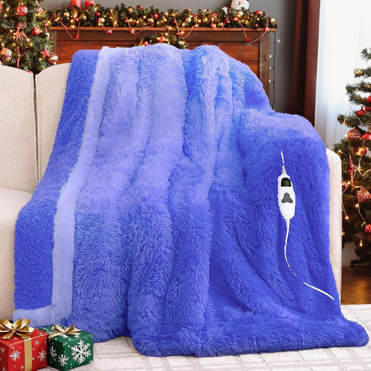Heated Electric Blanket Throw–Faux Fur with Soft Thick Sherpa,Warm Winter Birthday Gifts for Women Grandma，10 Heat Settings,5 Time Settings with Fast Heating, 50x60, Glacier Blue