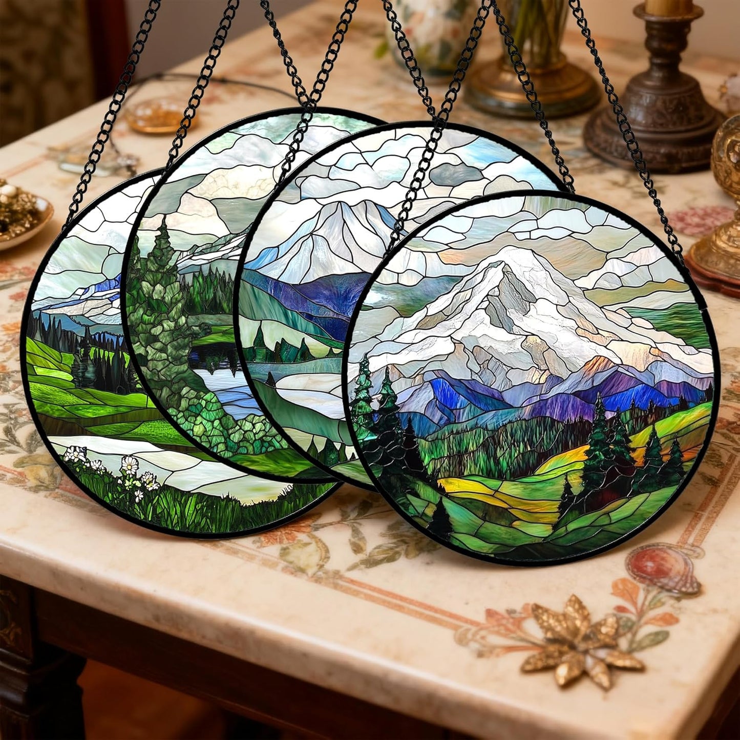 Stained Glass Window Hanging 4 Pcs Set Mountains Lake Green White Landscape 6.3" - Suncatcher Door Garden Sun Catcher Decor Birthday Christmas for Mom Woman Nana Men