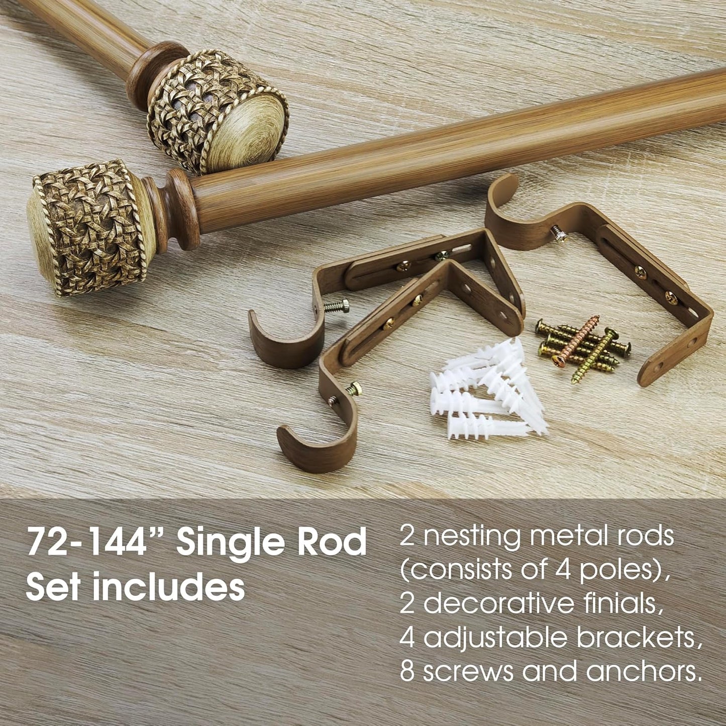 1-1/8 Inch Diameter Faux Wood Curtain Rods with Faux Rattan Cane Woven Finial, 72-144'' Telescoping Single Curtain Rods for window width 68-140 inch, 1 pack