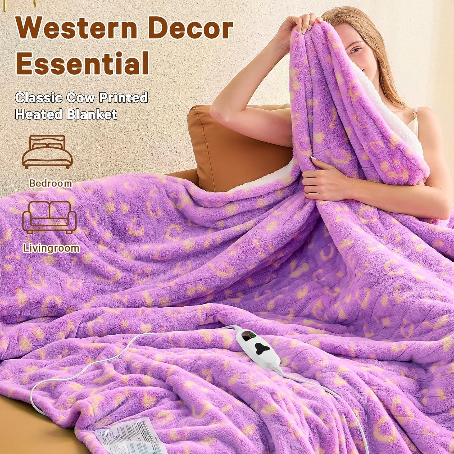 Leopard Print Electric Heated Blanket Queen Size,84X90 Purple Heating Blanket Queen with Dual Control&Timer&10 Heat Levels,Cute Leopard Fleece Sherpa Blankets Warmer Gifts for Bed Women Adults