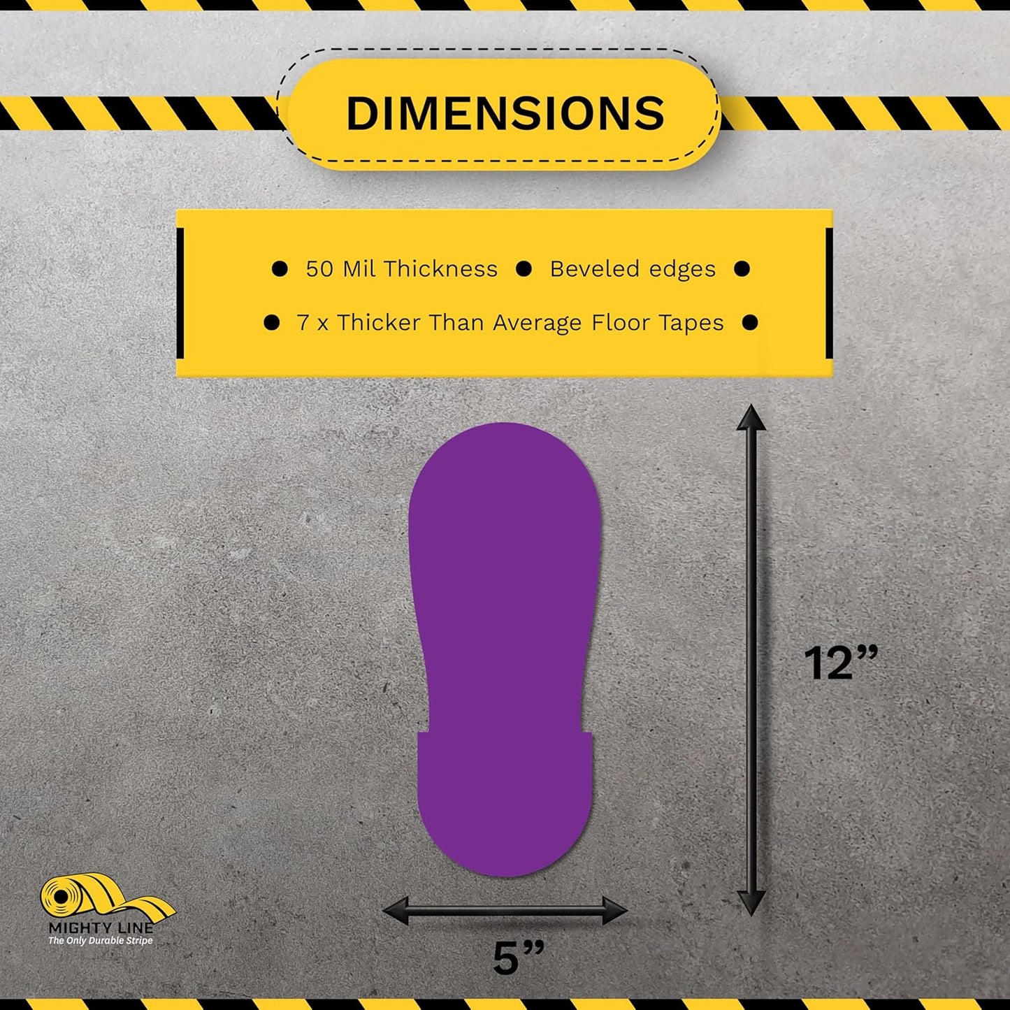 Mighty Line Big Footprints Floor Marking Tape for Safety, Caution, Warning, Heavy-Duty, Peel and Stick, Adhesive, Industrial Quality, 12" Long x 5" Wide, Purple, Pack of 50