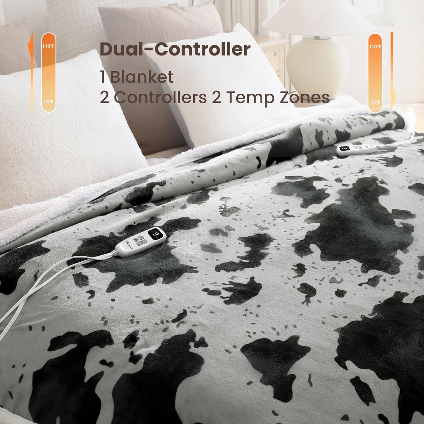 Cow Print Electric Heated Blanket Queen-Dual Control Heating Blanket Queen Size with 10 Heat Levels & 10 Hours Auto-Off, Cozy Soft Fleece Sherpa, Washable, 84x90 Inche Cow Print Grey