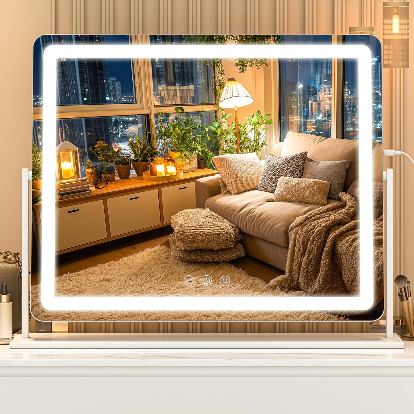 Vanity Mirror with Lights, 23.6'' x 20'' Lighted Makeup Mirror, Touch Screen with 3-Color Lighting, Dimmable for Vanity Desk Tabletop Round White