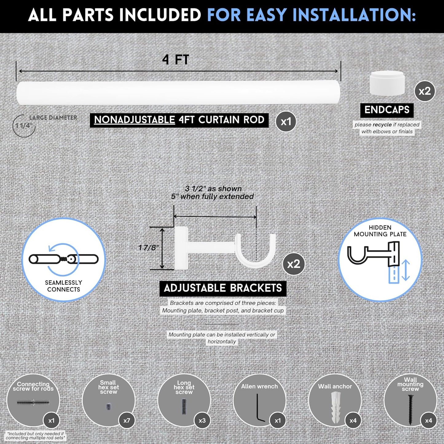 BlastHome® Non-Adjustable Luxury Curtain Rods for Windows, 1 ¼” Rod Set, 4 foot Fixed Length, White