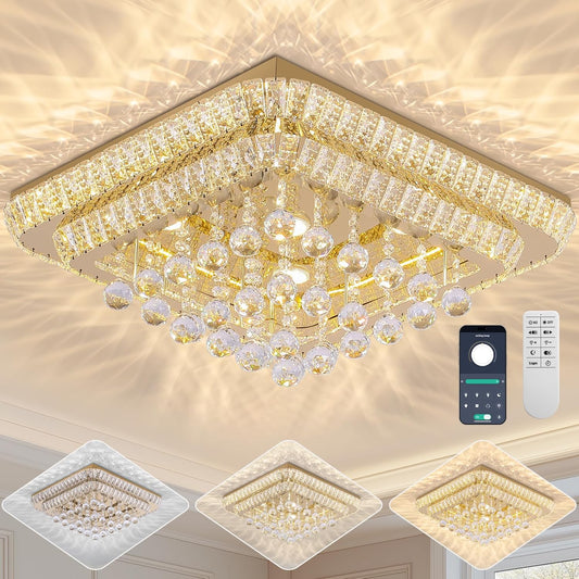 24 inch Crystal Flush Mount Gold Chandelier Remote/APP, Modern Raindrop LED Ceiling Light, 3CCT Dimmable & Brightness Adjustable,Elegant Chandeliers for Bedroom Hallway Dinning Room Living Room