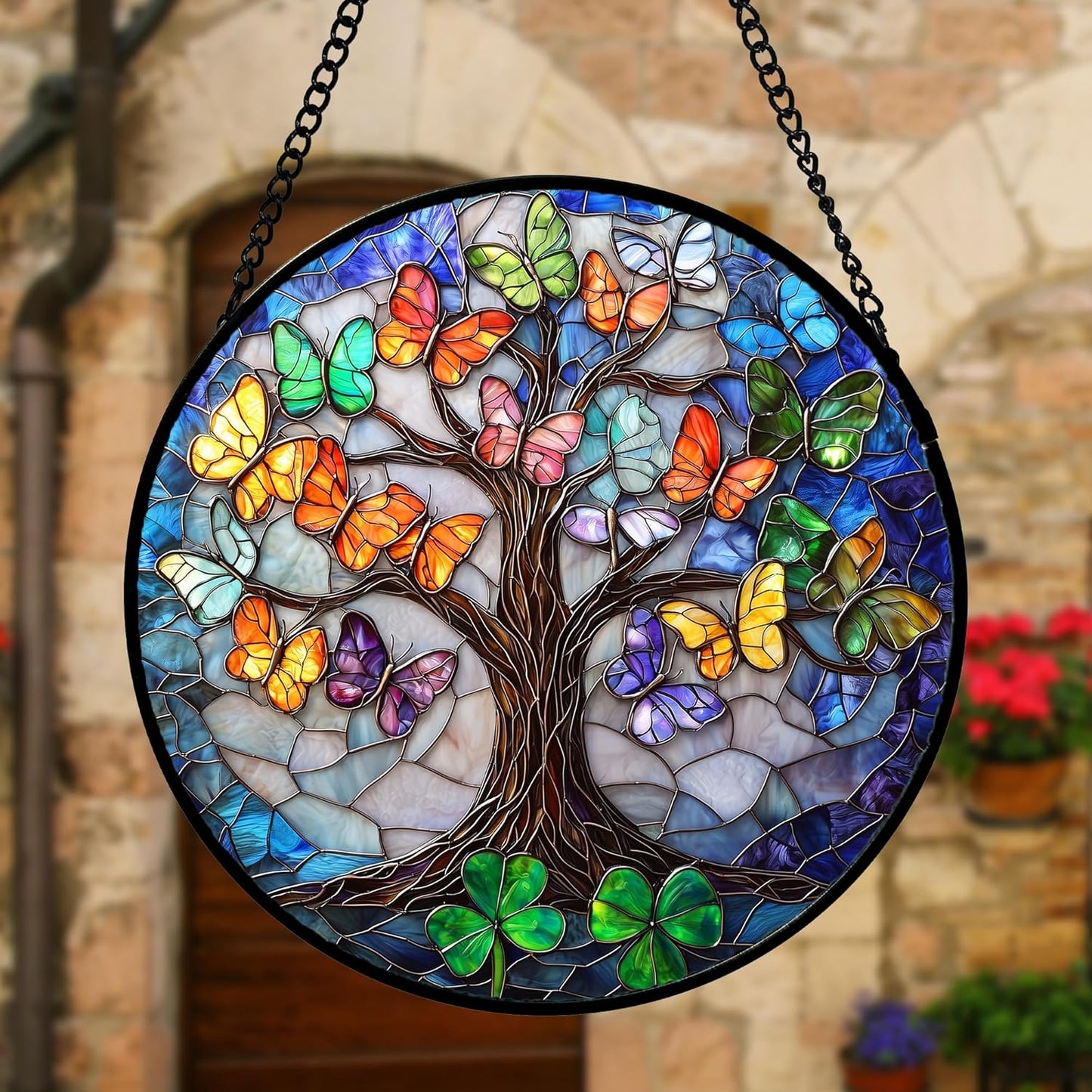 Stained Glass Window Hanging, Butterfly Tree Clover Sun Catchers Glass Panel Blue Suncatcher Decor for Birthday for Women, Men, Wife, Aunt, and Mom 9.8 in