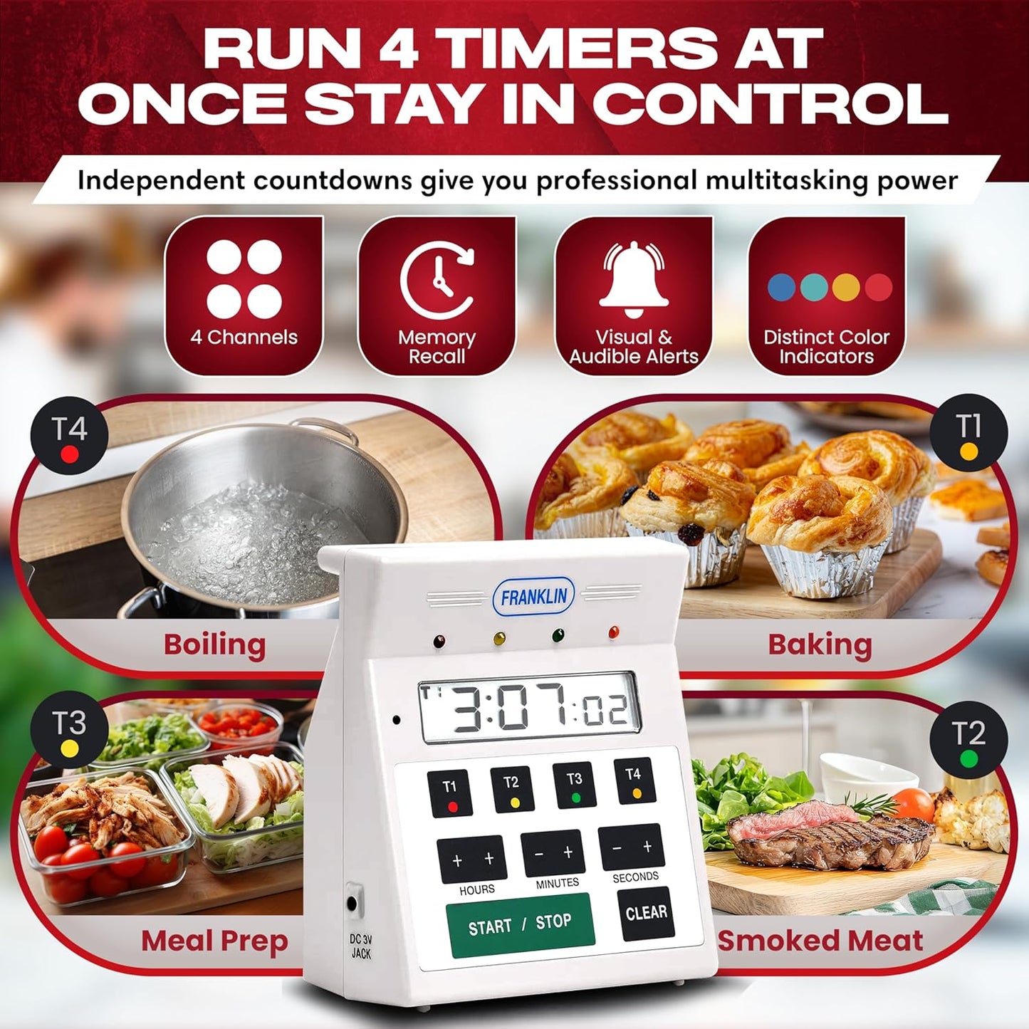 FMP Digital 4 Channel Commercial Kitchen Timer - Battery Operated Digital Countdown Timer for Kitchen, Cooking, Restaurant, Classroom – Water Resistant - 7-Inch, White - 151-7500 by FryOilSaver Co
