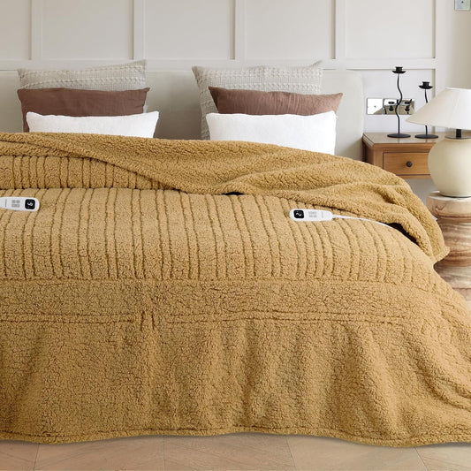Heated Blanket Electric Blanket Queen - Fast Heating Blanket Throw Dual Control Double Sided Sherpa with 10 Heating Levels & 2-10 Hours Auto Off, Mashine Washable, 84 x 90 Inches, Camel