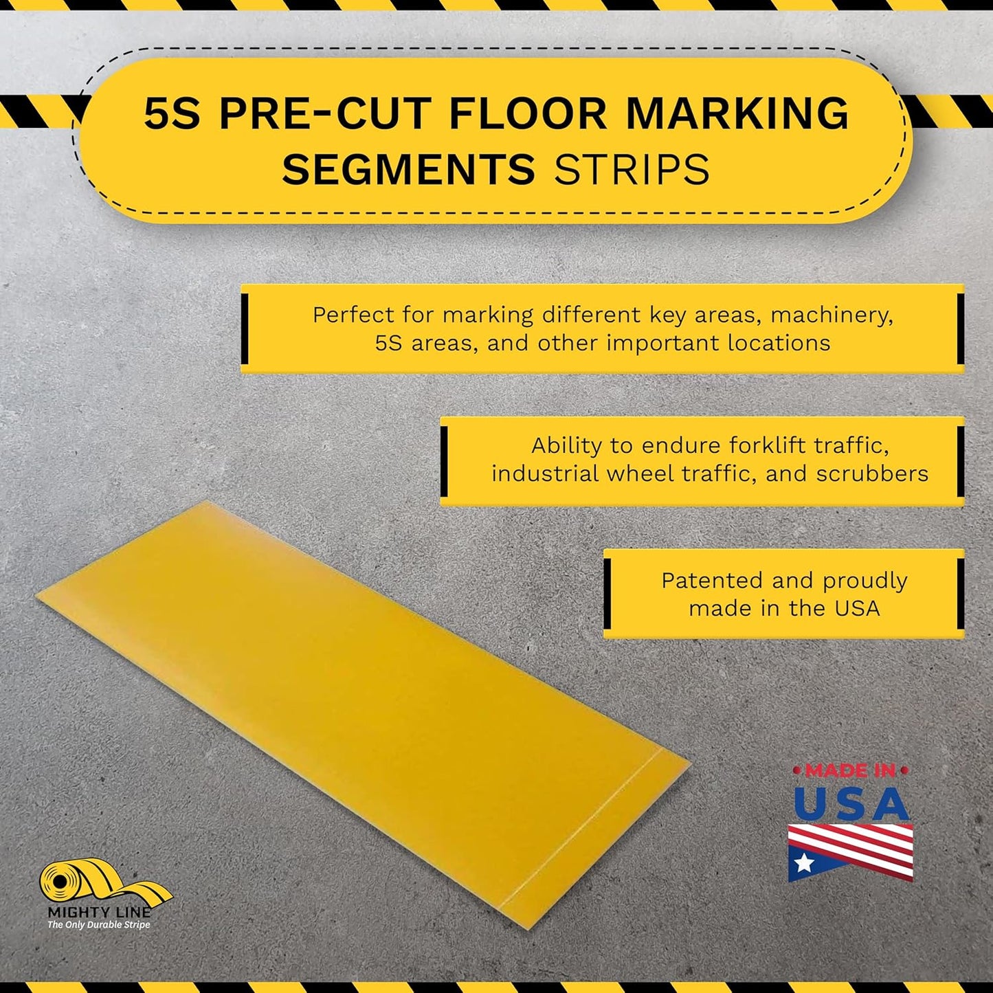Mighty Line Floor Marking Tape Strips for Safety, Caution, Warning, Heavy-Duty, Peel and Stick, Adhesive, Industrial Quality, Yellow, 2" by 10"