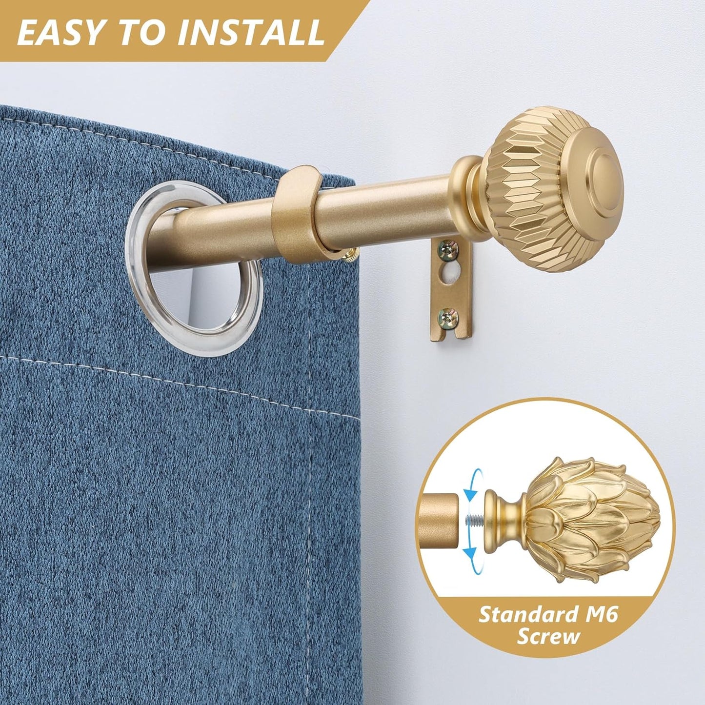 Curtain Rods for Windows 48 to 84 Inches 1 Inch Diameter Adjustable Drapery Rod Decorative Single Window Curtain Rods with Classic Finials,Gold