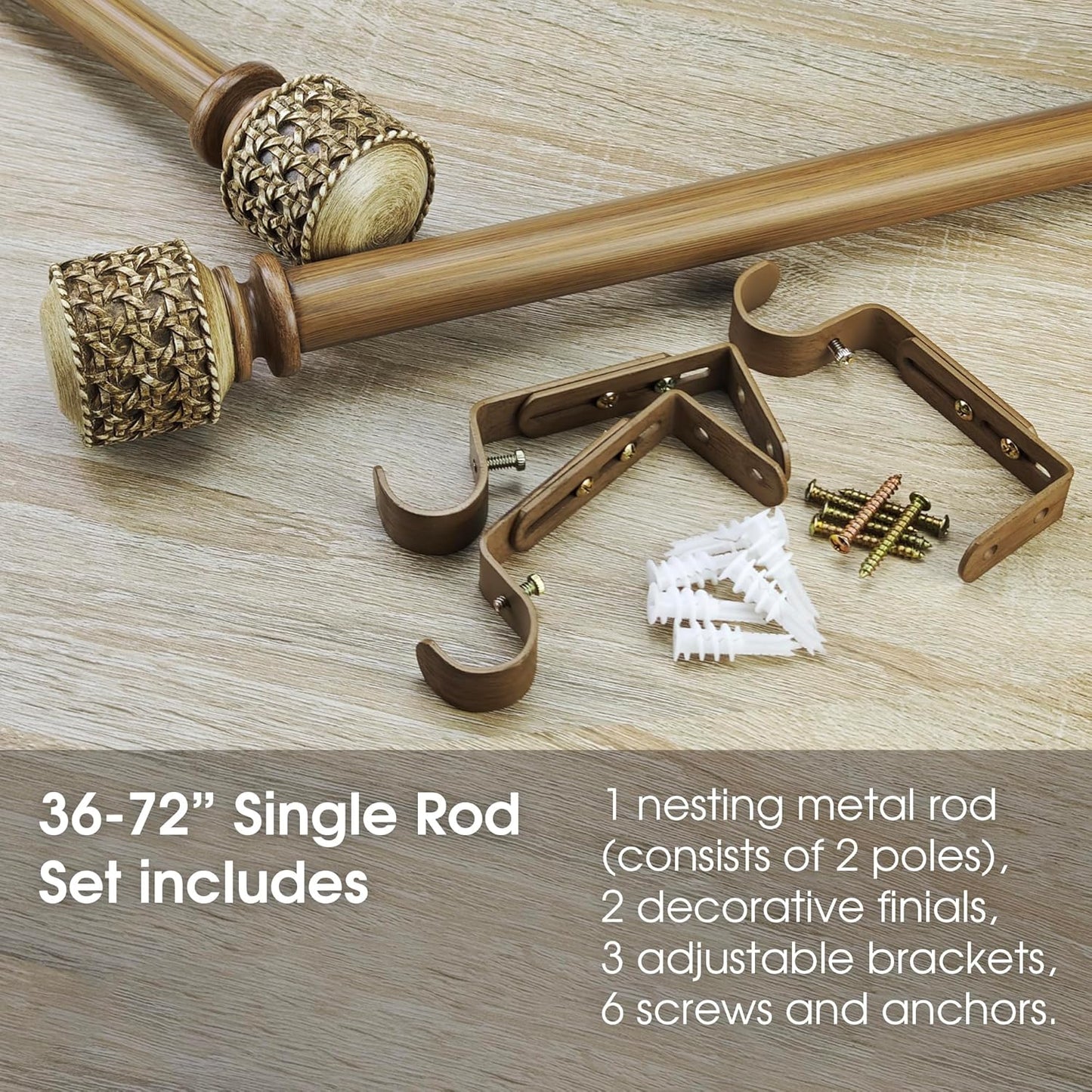 1-1/8 Inch Diameter Faux Wood Curtain Rods with Faux Rattan Cane Woven Finials, 36-72'' Telescoping Single Curtain Rods for window width 24-68 inch, 1 pack