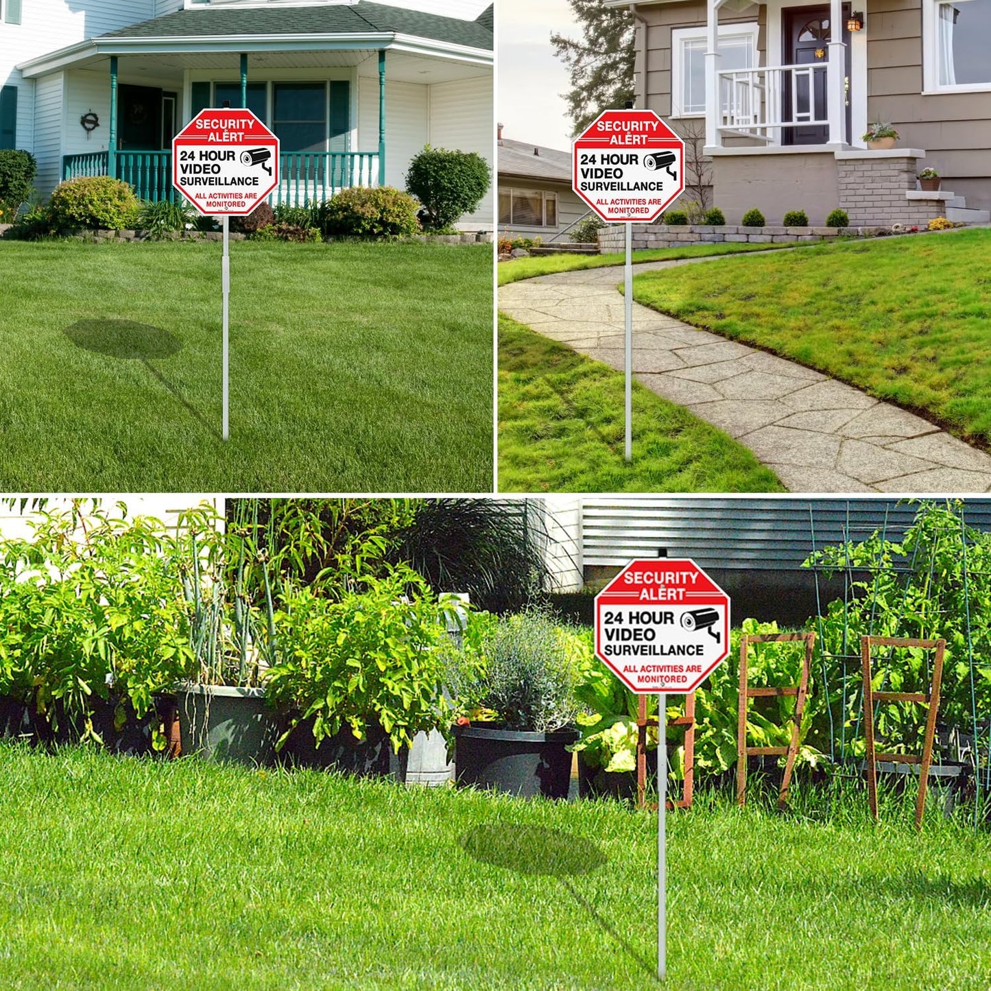 Faittoo Security Sign Video Surveillance Sign with 36" Stake for Outside, 12"x12" Rust Free Heavy Aluminum, Reflective, Fade Resistant, 2 pre-drilled holes, Includes Matching Screws & Wrench