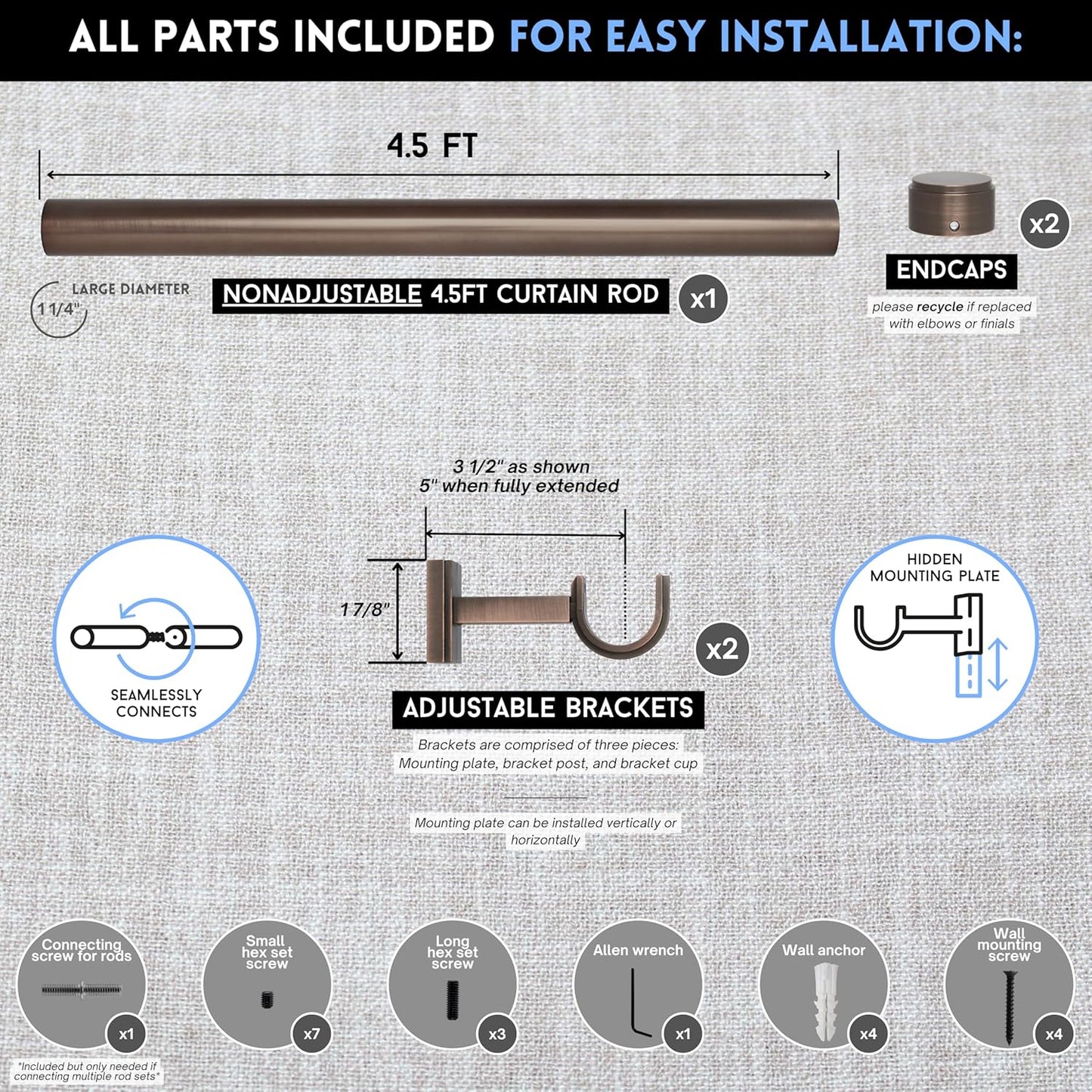 BlastHome® Non-Adjustable Luxury Curtain Rods for Windows, 1 ¼” Rod Set, 4 1/2 foot Fixed Length, Oil Rubbed Bronze