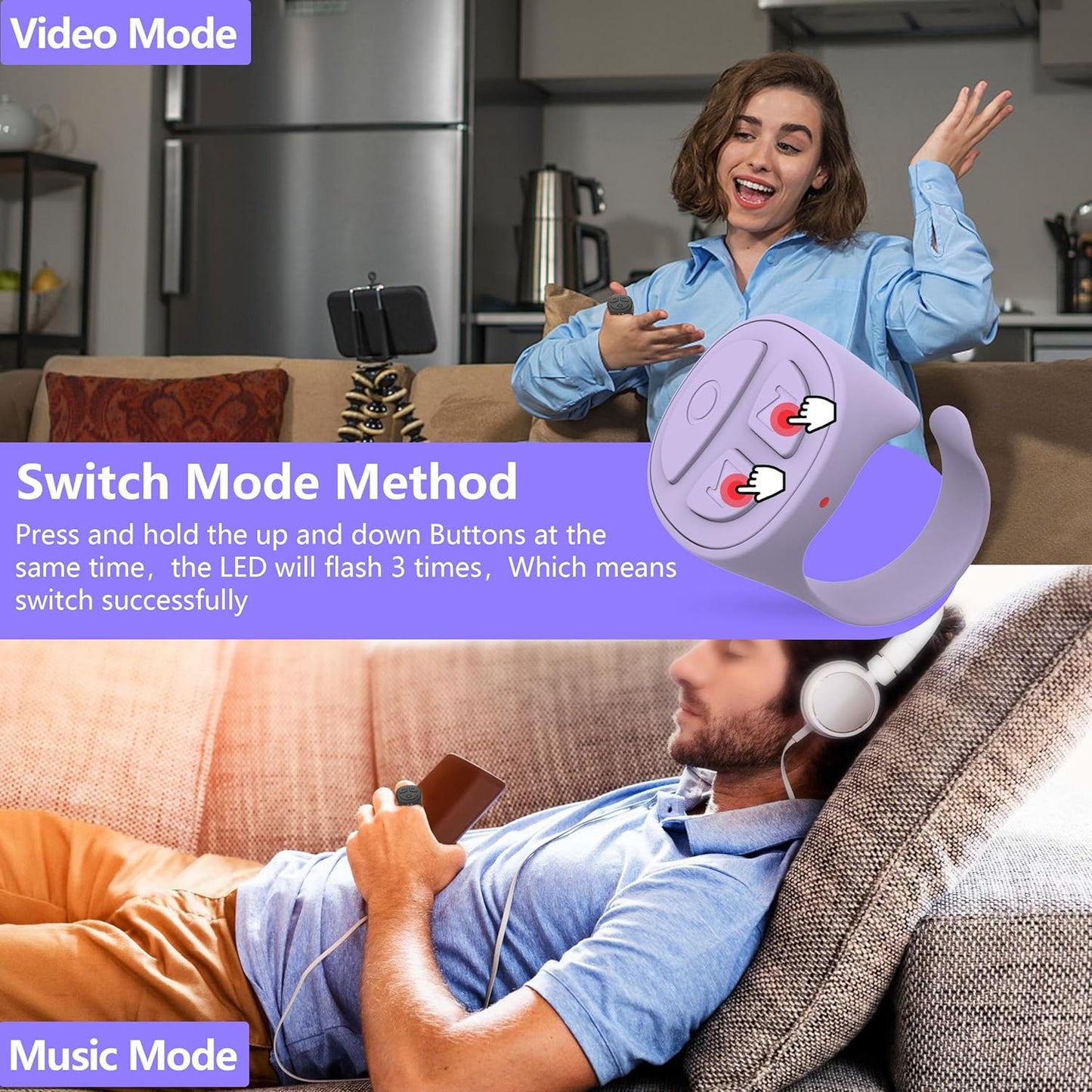 Tiktok Scrolling Ring for iPhone, Bluetooth Camera Remote Control, Remote Control for TIK Tok Scrolling Ring for iPhone, Android (Purple)