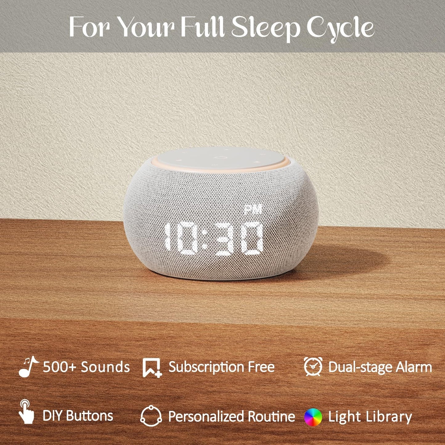 White Noise Sound Machine for Sleep, Dual-Stage Alarm&Snooze, Smart App Control, Custom Buttons, 500+ Non Looping Soothing Sounds, Dimmable Clock, Timer, Night Light, Lullaby, for Baby Adults Kids