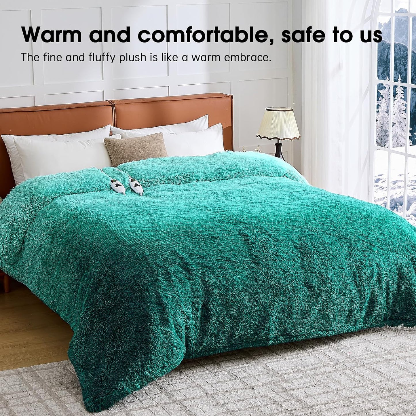 Heated Electric Blanket Queen–Faux Fur with Soft Thick SherpaWarm Winter Birthday Gifts for Women Grandma,Dual Control,10 Heat Settings,5 Time Settings, 84x90, Forest Mist