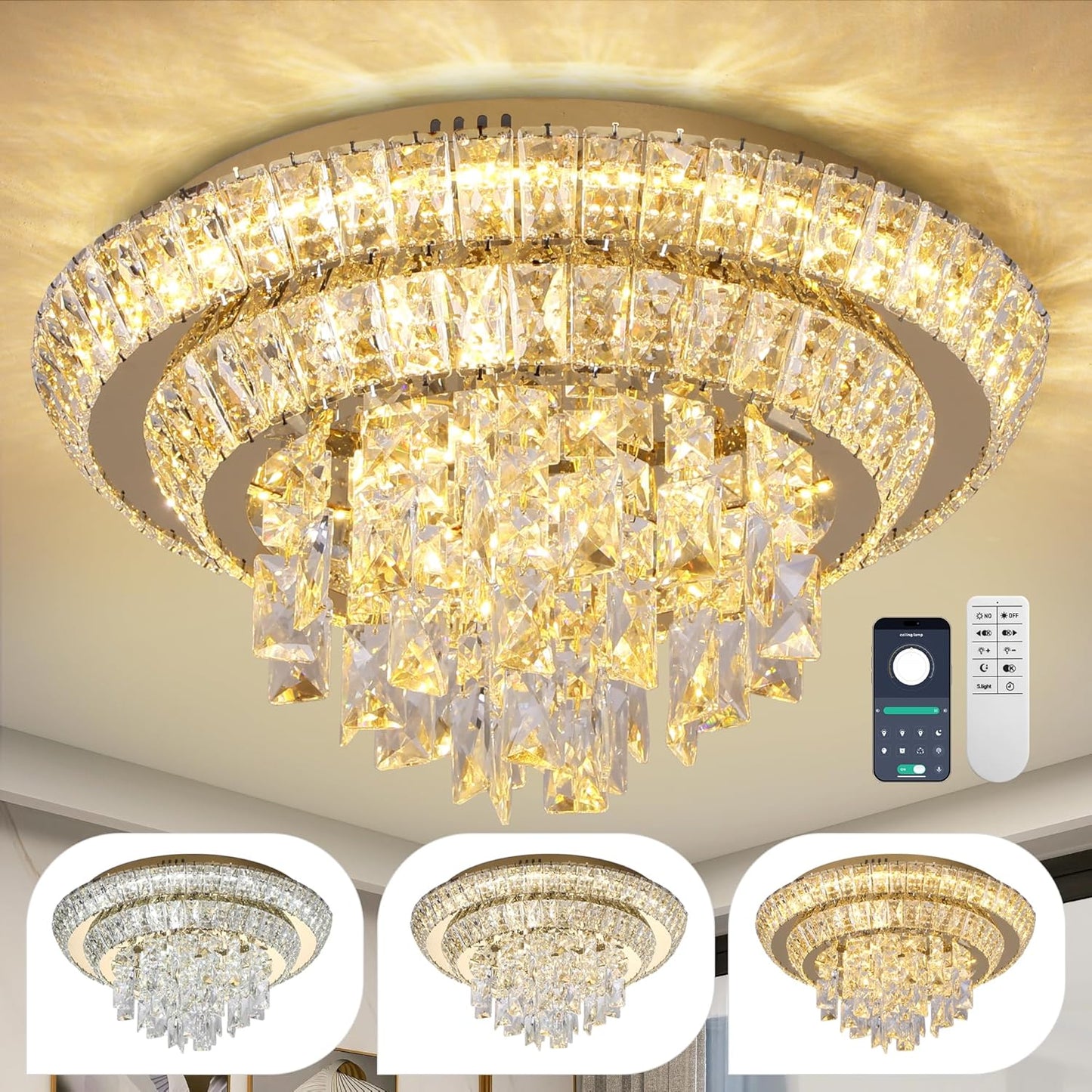 18 inch Flush Mount Crystal Chandeliers with Remote and App Gold, Modern Elegant LED Crystal Raindrop Ceiling Light Fixture, 3CCT Dimmable, for Living Room Kitchen Island Bedroom Entryway Foyer
