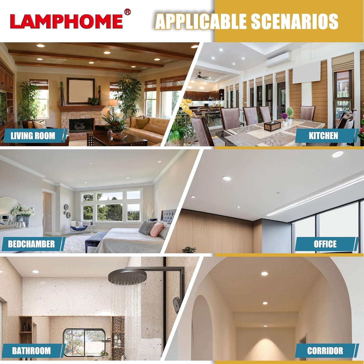 LAMPHOME 6-Pack of 6-Inch Slim LED Recessed Lights with Junction Box, Adjustable Color Temperatures (2700K-5000K), 12W Equivalent to 110W, Dimmable, 1050LM Brightness - ETL and Energy Star Certified
