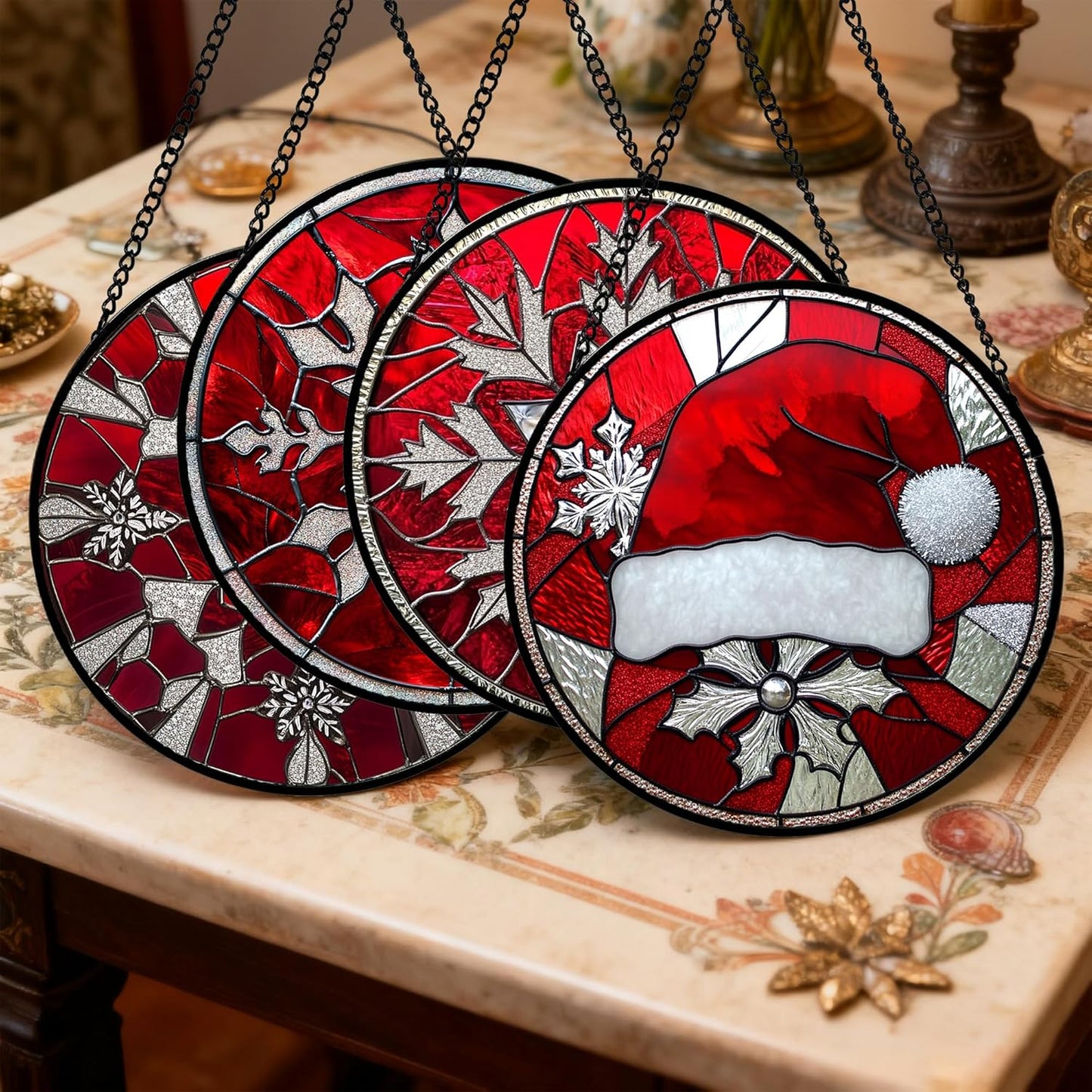 Stained Glass Window Hanging 4 Pcs Set Red Christmas Decorations Theme 9.8" - Suncatcher Door Garden Sun Catcher Decor Birthday for Mom Woman Nana Men Friend Wife