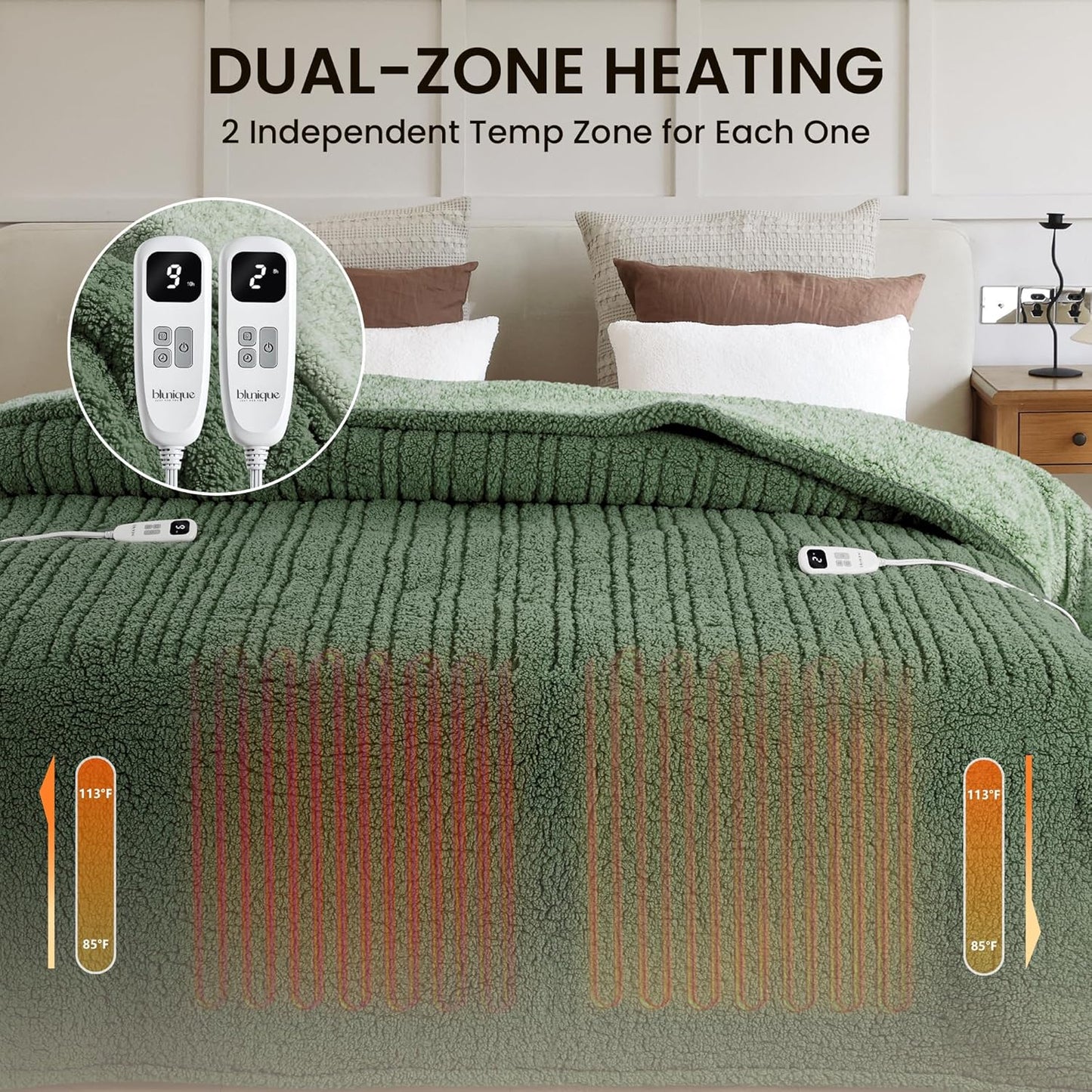 Heated Blanket Electric Blanket Queen - Fast Heating Blanket Throw Dual Control Double Sided Sherpa with 10 Heating Levels & 2-10 Hours Auto Off, Mashine Washable, 84 x 90 Inches, Sage&Green