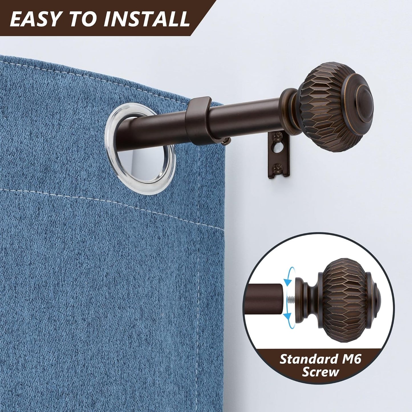 Bronze 1 Inch Adjustable Heavy Duty Curtain Rods with Lantern Ball Finials, Window Treatment Single Rods