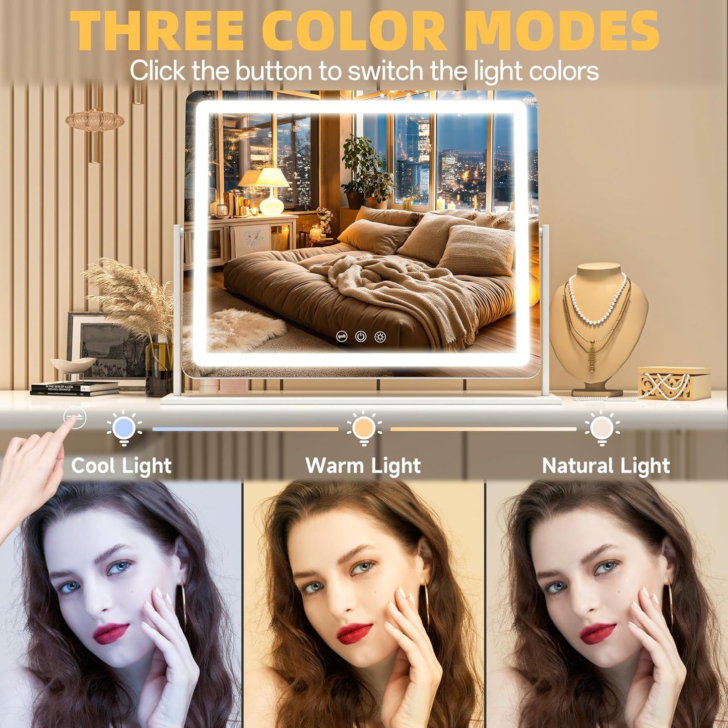 Vanity Mirror with Lights, 23.6'' x 20'' Lighted Makeup Mirror, Touch Screen with 3-Color Lighting, Dimmable for Vanity Desk Tabletop Round White