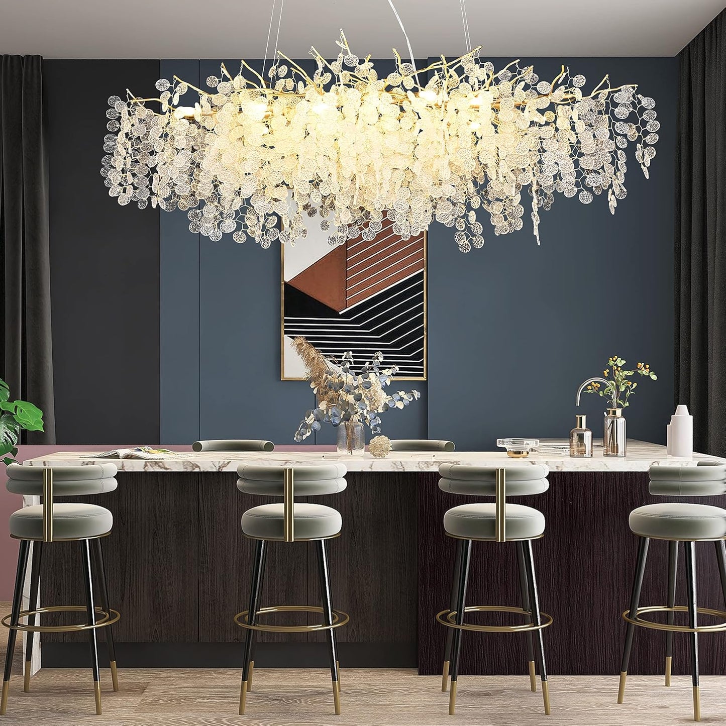 Modern Tree Branch Chandelier, 47.24 inch Money Tree Branch Gold Crystal Chandeliers, Rectangular Ceiling Pendant Lighting Fixtures for Dining Room, Bedroom, Living Room