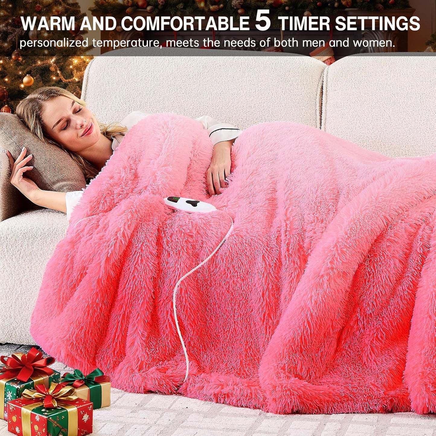 Heated Electric Blanket Heating Throw,Warm Winter Christmas Birthday Gifts for Her Women Grandma Seniors-Faux Fur Blanket with Soft Sherpa,10 Heat Settings,5 Time Settings,50x60, Baby Pink