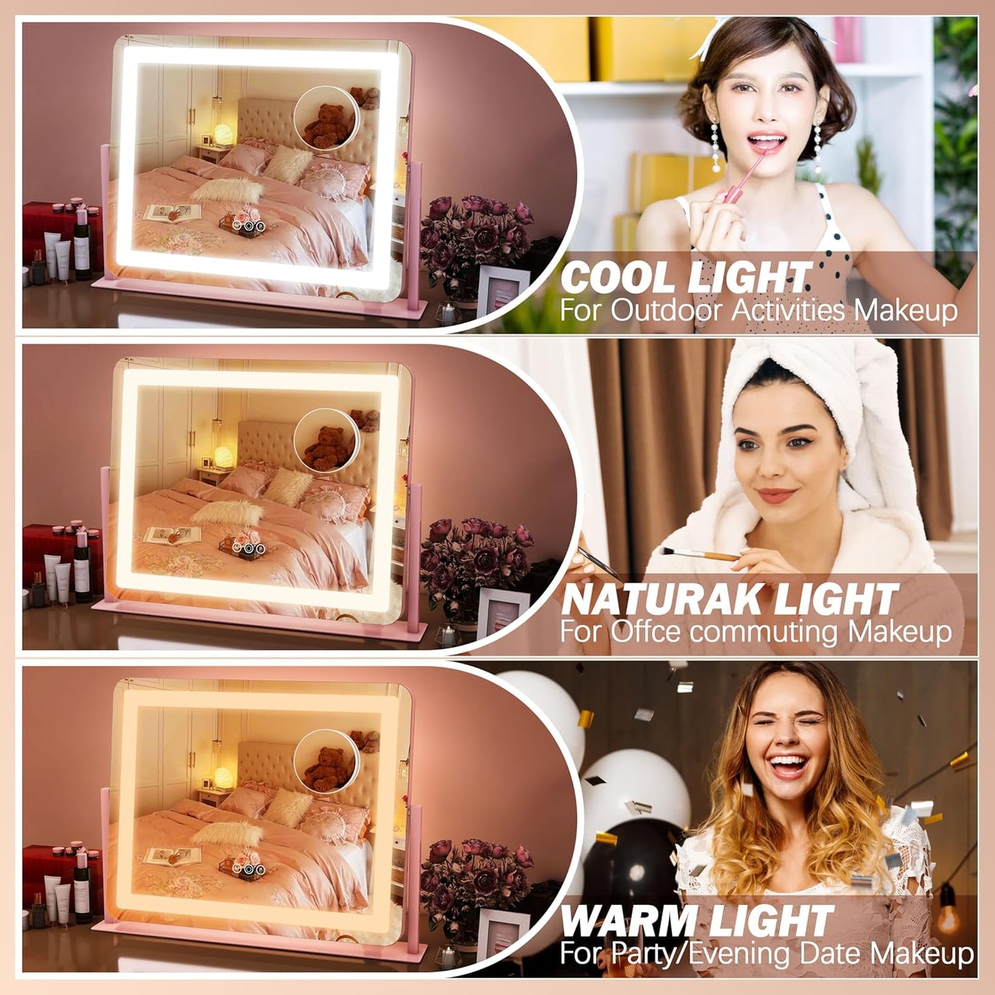 FENNIO Vanity Mirror with Lights 22''x17'' Makeup Mirror,Vanity Mirror Touch Screen with 3-Color Lighting,Dimmable,for Vanity Desk Tabletop（Pink）