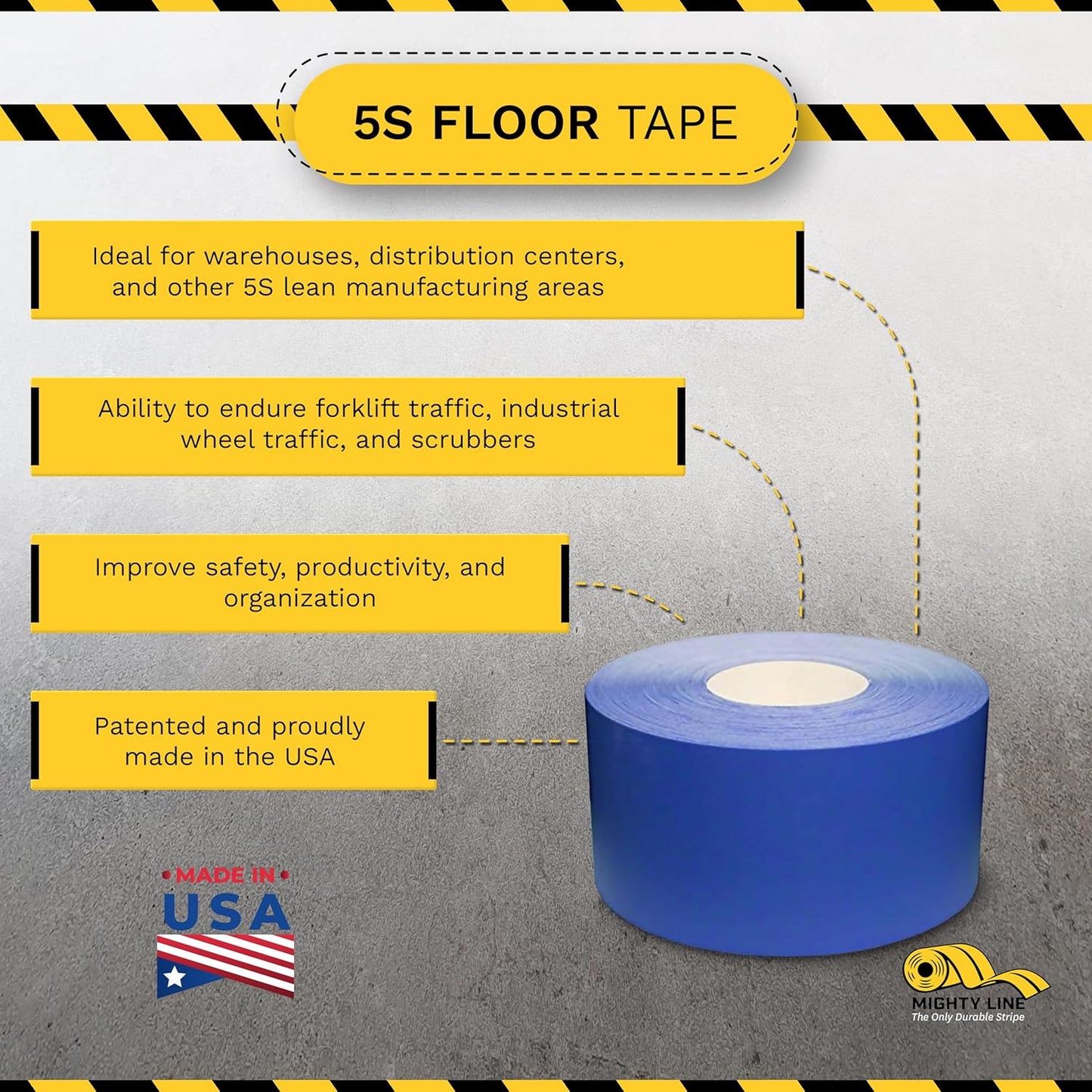 Mighty Line UltraLine Solid Floor Marking Tape for Safety, Caution, Warning, Heavy-Duty, Peel and Stick Adhesive, Beveled Edge Design, Industrial Quality, 4 Inch, 100' Roll, Blue