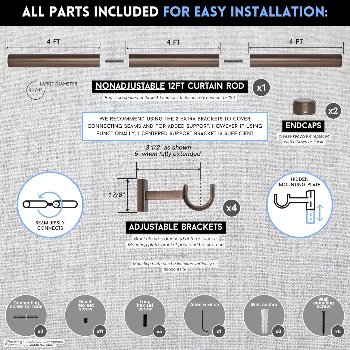 BlastHome® Non-Adjustable Luxury Curtain Rods for Windows, 1 ¼” Rod Set, 12 foot Fixed Length (Three Rods Connect for a Seamless Look), Oil Rubbed Bronze