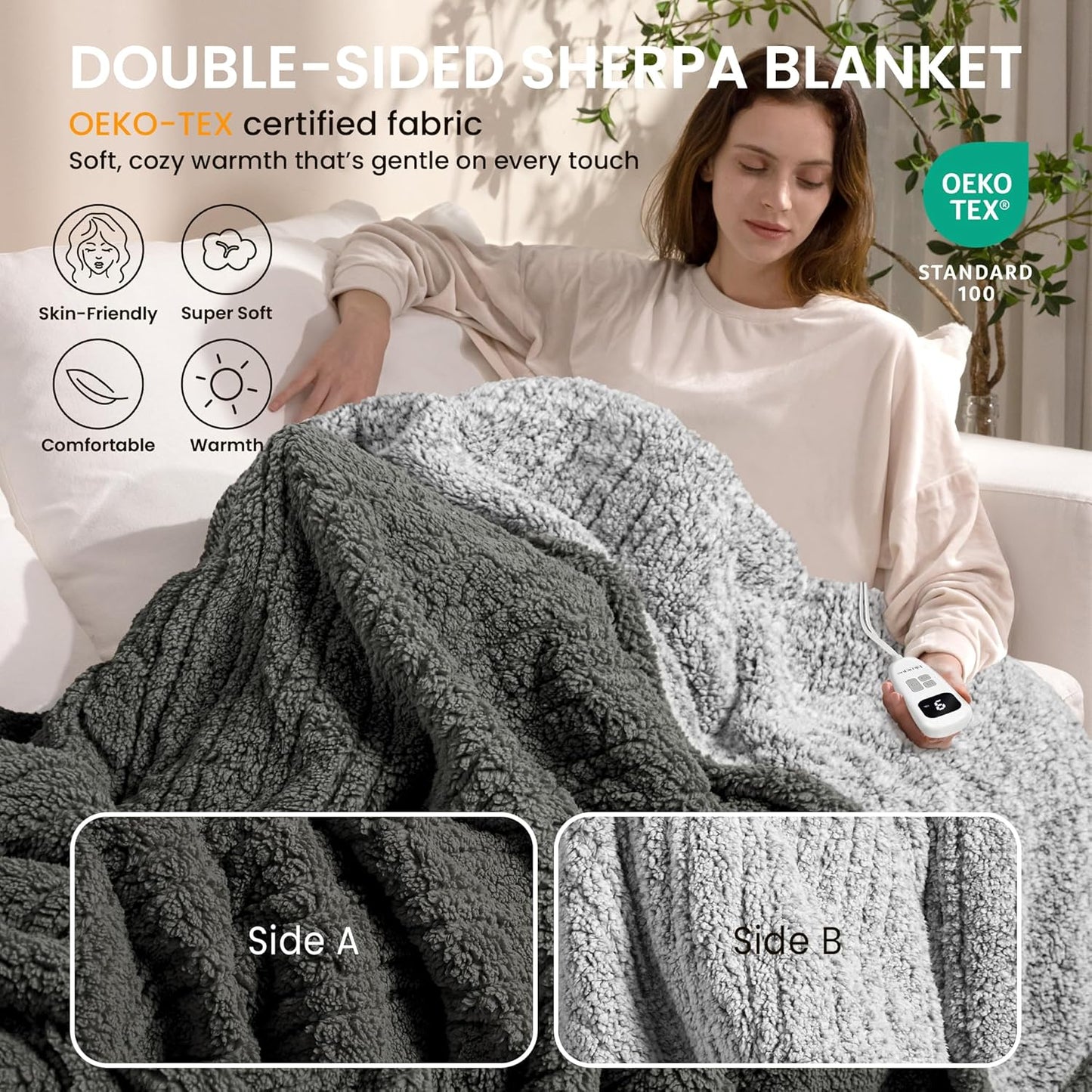 Heated Blanket Electric Blanket Throw - Fast Heating Blanket Throw Double Sided Sherpa Ultra Soft Cozy with 10 Heating Levels & 2-10 Hours Auto Off, Mashine Washable, 50 x 60 Inches, Grey