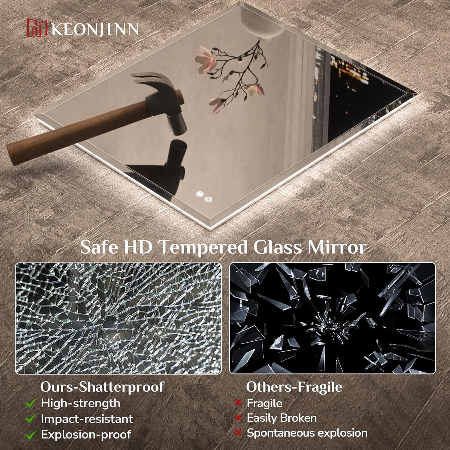 Keonjinn 55 x 30 Inch Backlit Bathroom Mirror with Lights, Beveled Large Lighted Vanity Mirror for Wall, HD Tempered Glass, Safe Defogging, UL-Listed, 3000K/4500K/6500K, Big Frameless LED Mirror