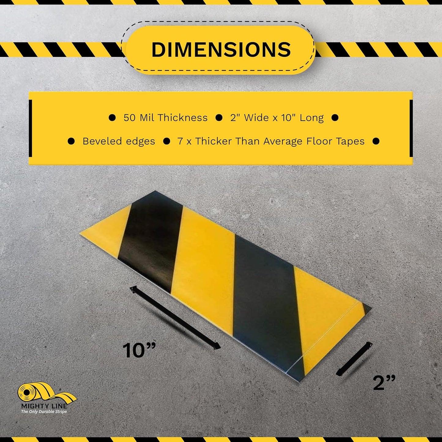 Mighty Line Floor Marking Tape Strips for Safety, Caution, Warning, Heavy-Duty, Peel and Stick, Adhesive, Industrial Quality, Yellow and Black Hazard, 2" by 10"