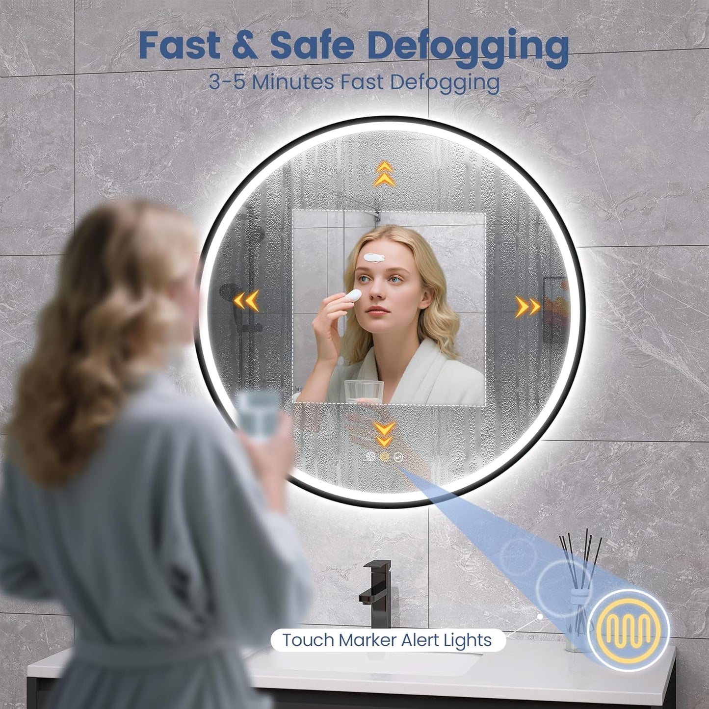 STARLEAD 32" LED-Bathroom-Mirror-with-Lights, Wall-Mounted with Bluetooth, Anti-Fog, 3 Color Temperature Dimmable Brightness, Waterproof, Tempered Glass, Frontlit & Backlit, Black Frameless Round
