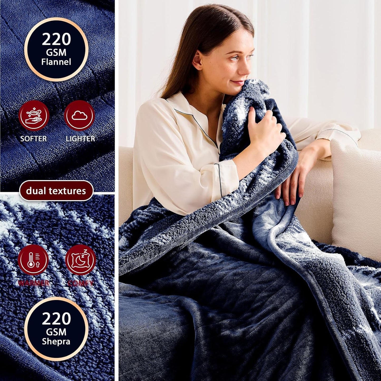 Heated Electric Blanket Throw Size - 50"x60" Flannel Heating Blanket with 10 Heating Levels & 5 Time Settings Over-Heat Protection, Winter Warmer for Adults with ETL Certification（Navy Blue）