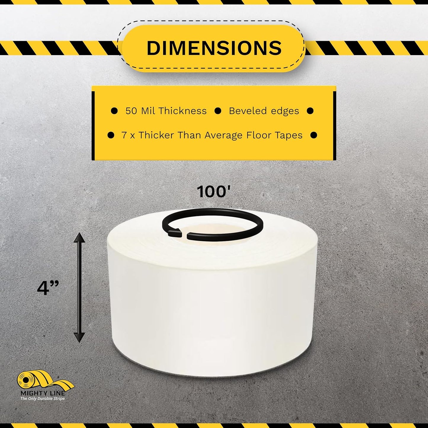 Mighty Line UltraLine Solid Floor Marking Tape for Safety, Caution, Warning, Heavy-Duty, Peel and Stick Adhesive, Beveled Edge Design, Industrial Quality, 4 Inch, 100' Roll, White
