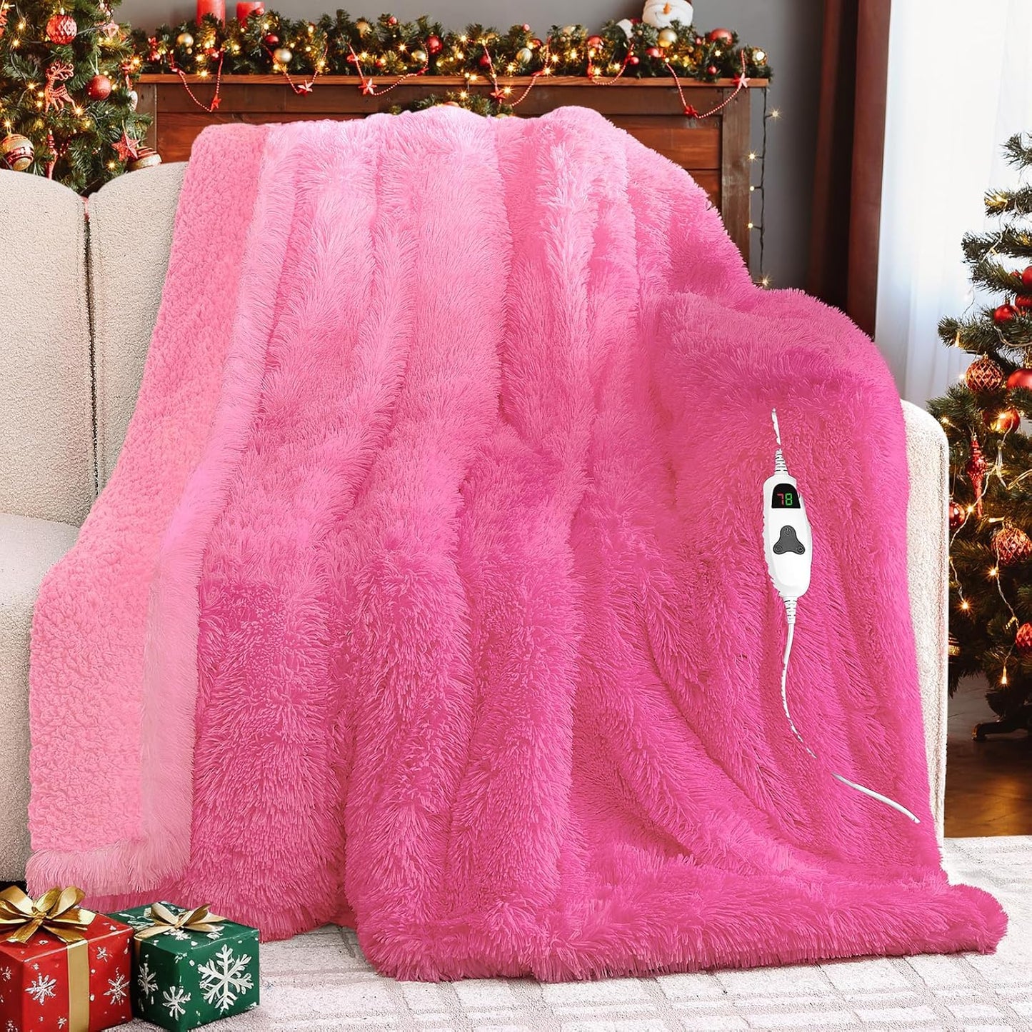 Heated Electric Blanket Throw,Warm Winter Birthday Gifts for Women Her Grandma-Faux Fur with Soft Sherpa,10 Heat Settings,5 Time Settings with Fast Heating, 50x60, Rose Red