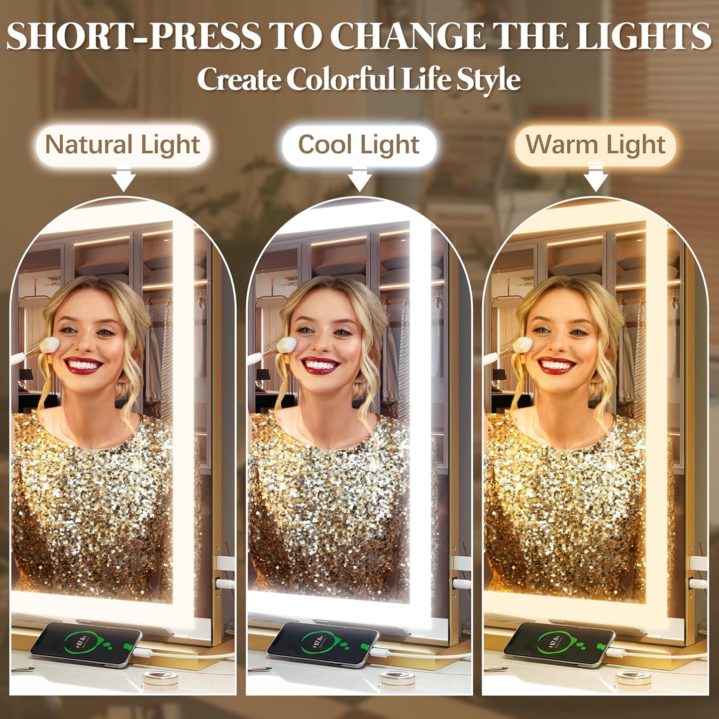 FENNIO Vanity Mirror with Lights 32"x22", Lighted Makeup Mirror, Large Vanity Mirror, Touch Sensor with 3-Color Lighting, 10X Magnification and USB Charging Port for Vanity Desk（Square Gold）