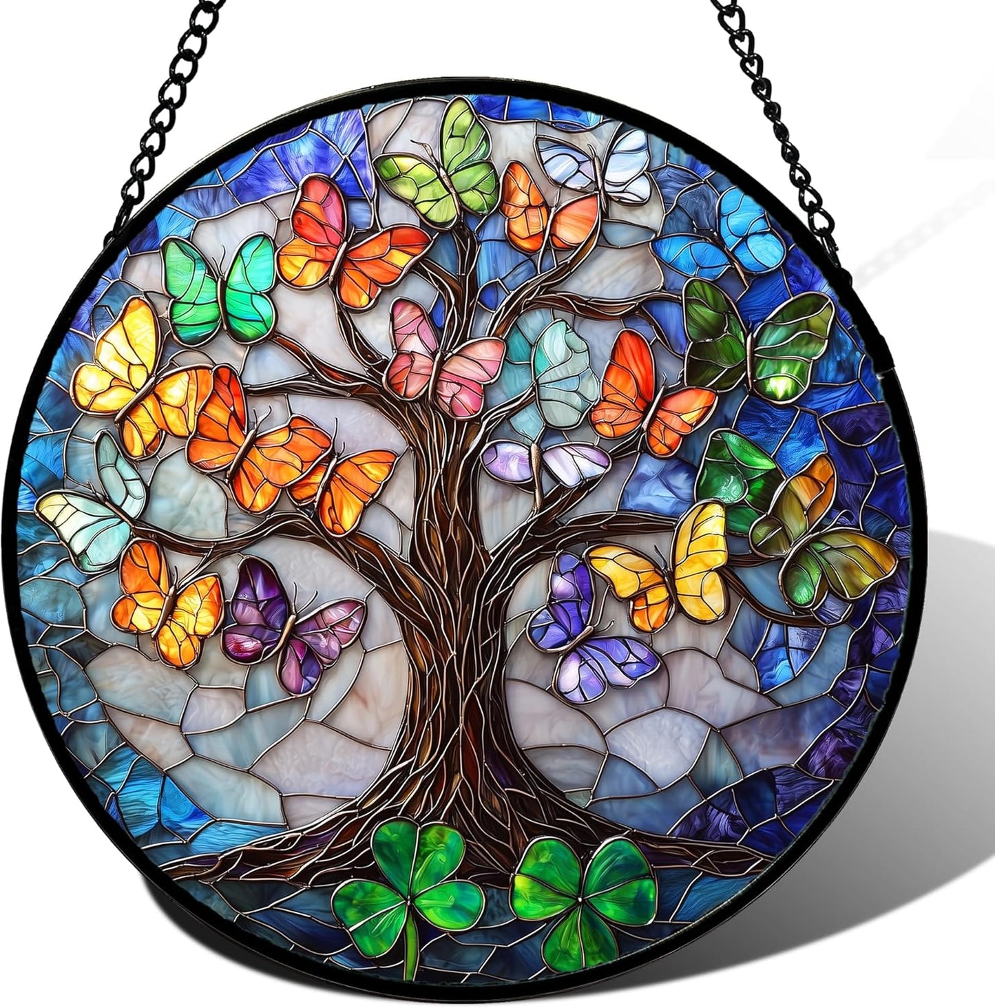 Stained Glass Window Hanging, Butterfly Tree Clover Sun Catchers Glass Panel Blue Suncatcher Decor for Birthday for Women, Men, Wife, Aunt, and Mom 14.9x14.9 in