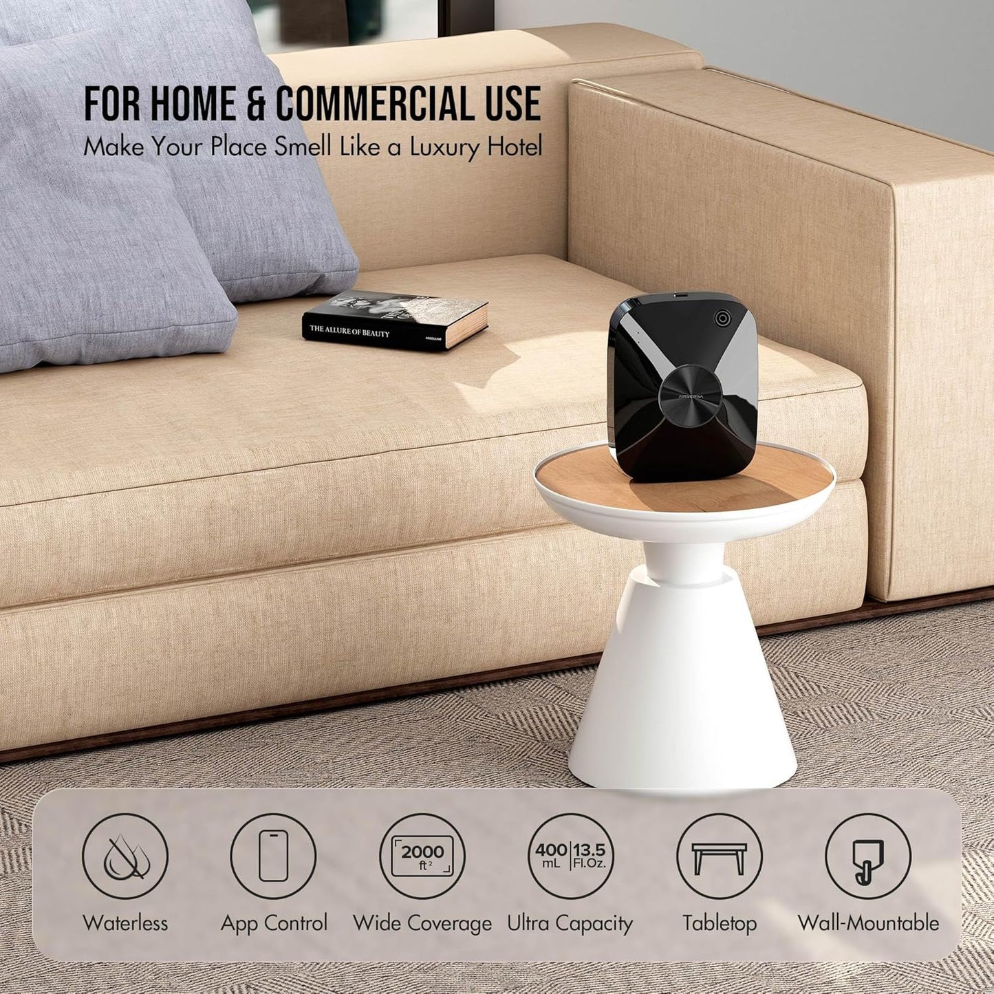 Airversa Smart Waterless Essential Oil Diffuser Scent Air Machine with 12A1V Power Adapter for Large Rooms Spaces Home and Commercial Use, Up to 2000 sq ft 400 mL Capacity Scent Diffuser, Black ANA