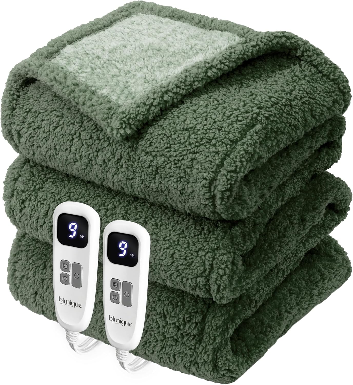 Heated Blanket Electric Blanket Queen - Fast Heating Blanket Throw Dual Control Double Sided Sherpa with 10 Heating Levels & 2-10 Hours Auto Off, Mashine Washable, 84 x 90 Inches, Sage&Green